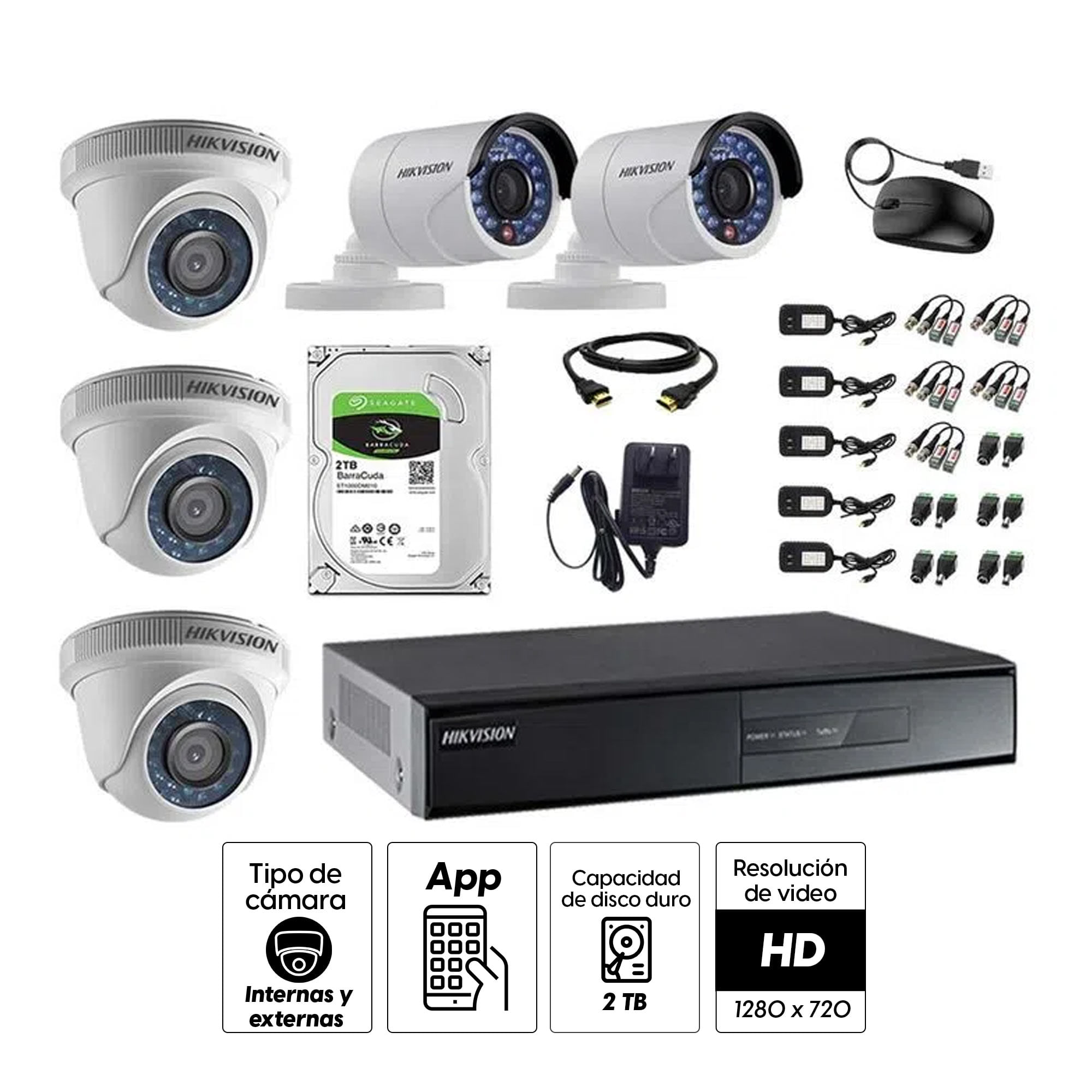 Imagen 2 del producto Kit de cámaras de seguridad Hikvision 5 cámaras, 720P + DVR + disco duro de 2TB + cable HDMI