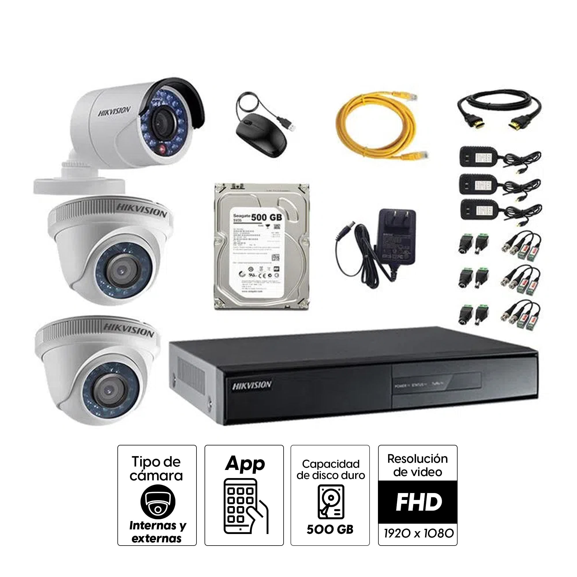 Imagen 2 del producto Kit de cámaras de seguridad Hikvision 3 cámaras, 1080P + DVR + disco duro de 500GB