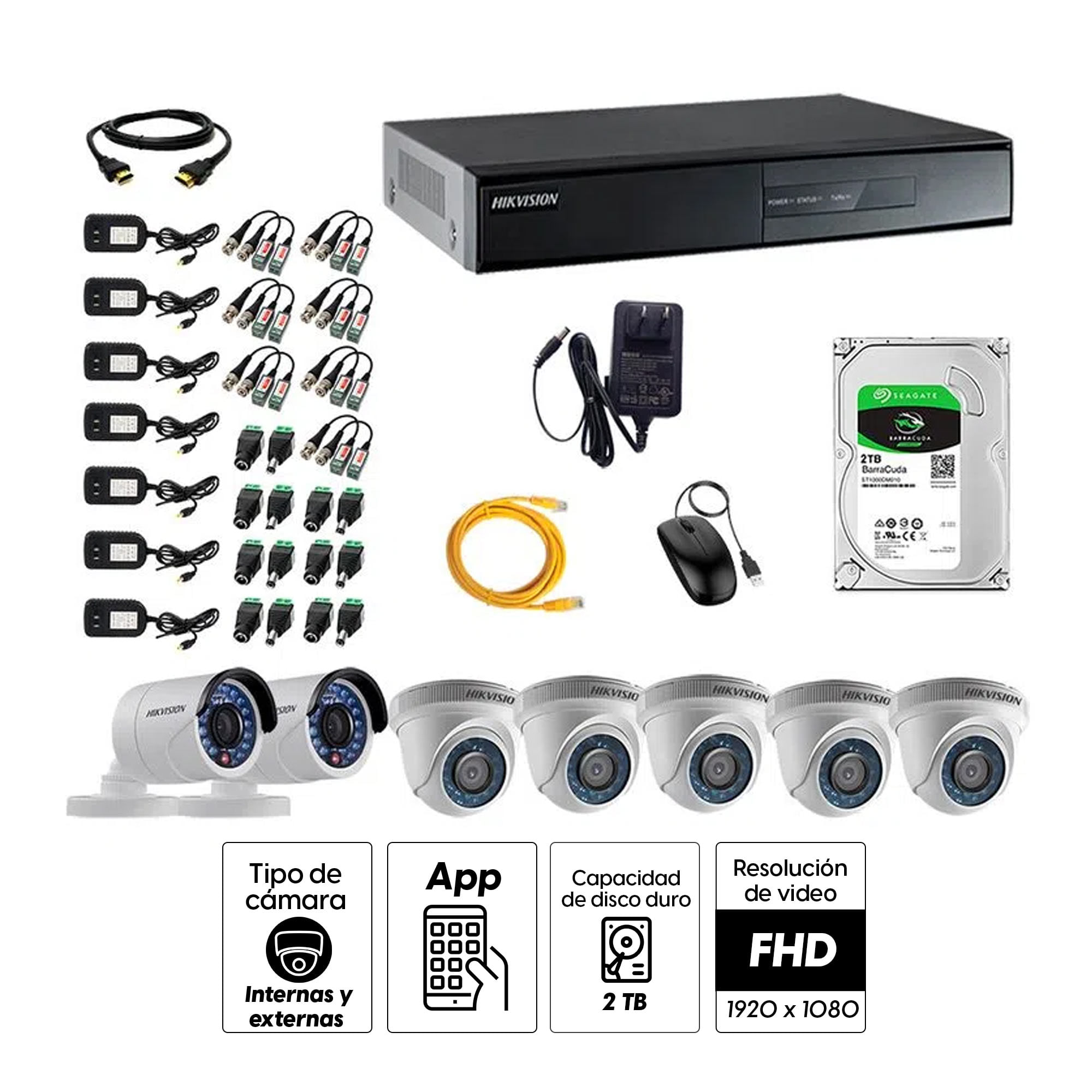 Imagen 2 del producto Kit de cámaras de seguridad Hikvision 7 cámaras, 1080P Full HD + DVR + disco duro de 2TB