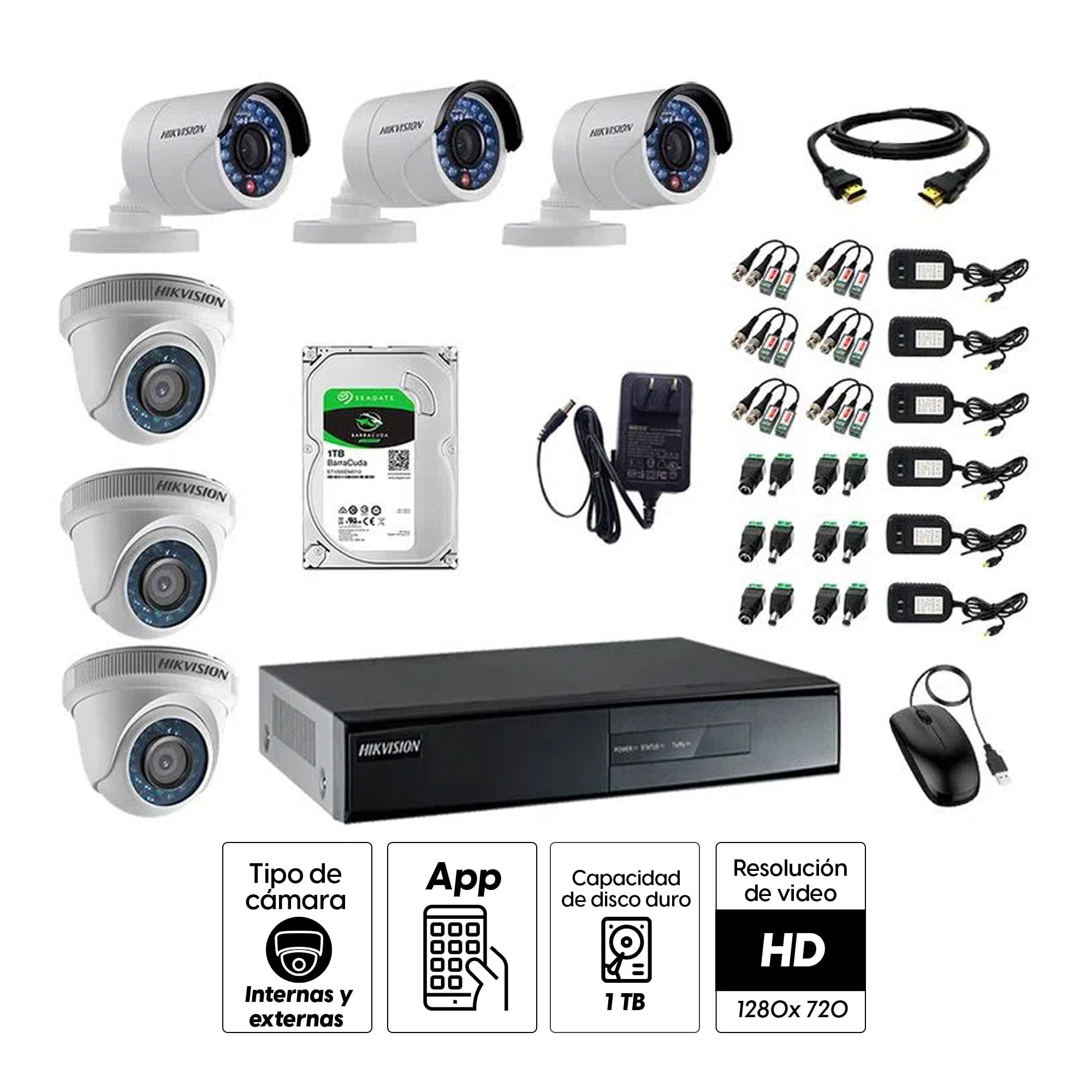 Imagen 2 del producto Kit de cámaras de seguridad Hikvision 6 cámaras, 720P HD + DVR + disco duro de 1TB + cable HDMI