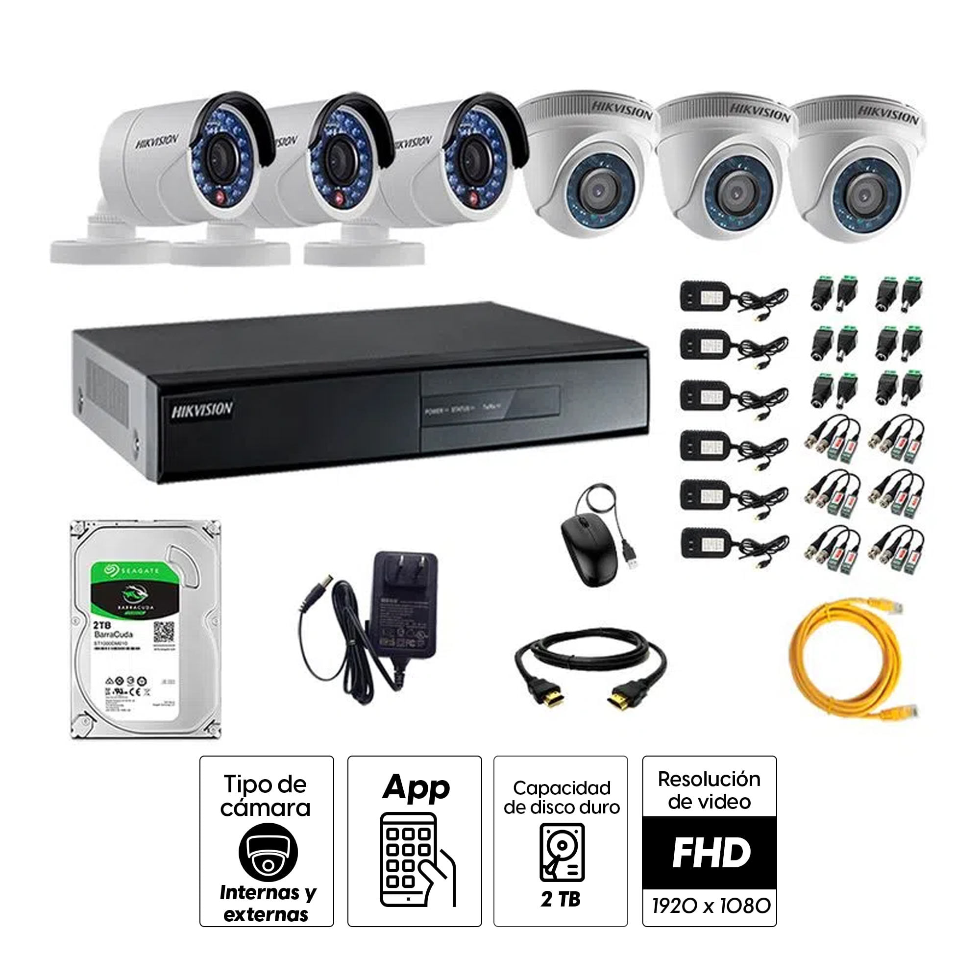 Imagen 2 del producto Kit de cámaras de seguridad Hikvision 6 cámaras (3 Domo Turbo 1080P + 3 Tubo Turbo 1080P) + DVR + disco duro de 2TB