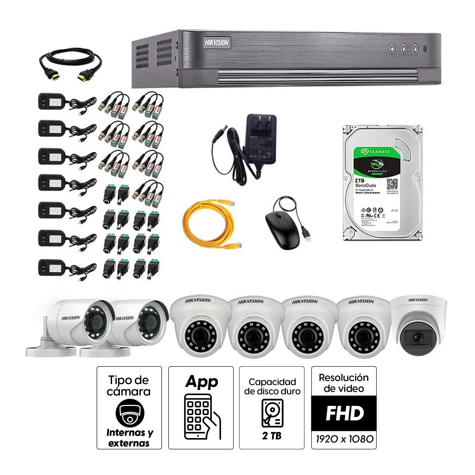 Imagen 2 del producto Kit de cámaras de seguridad Hikvision 7 cámaras (incluye una cámara con micrófono), 1080P Full HD + DVR + disco duro de 2TB