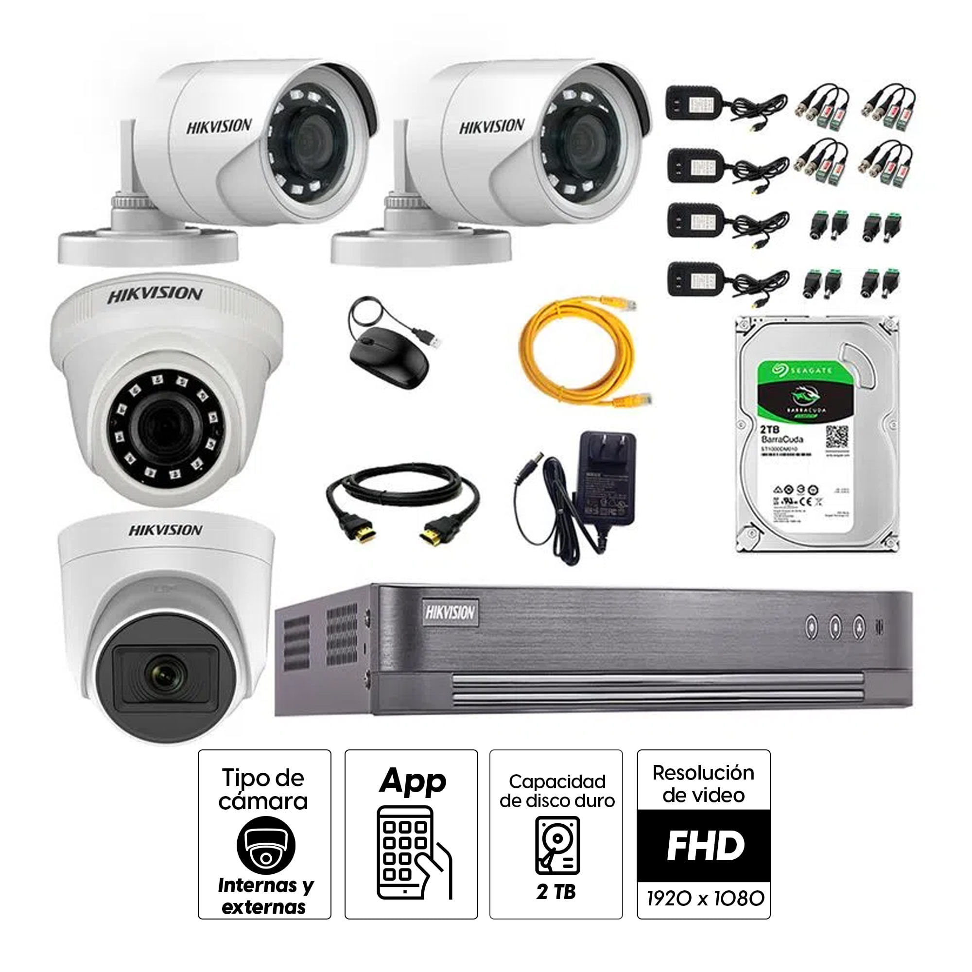 Imagen 2 del producto Kit de cámaras de seguridad Hikvision 4 cámaras (incluye una cámara con micrófono), 1080P Full HD + DVR + disco duro de 2TB