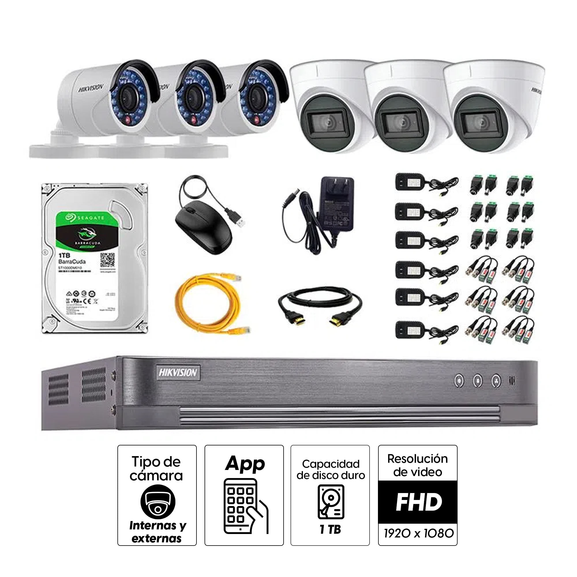 Imagen 2 del producto Kit de cámaras de seguridad Hikvision 6 cámaras (incluye 3 cámaras con audio incorporado), 1080P Full HD + DVR + disco duro de 1TB