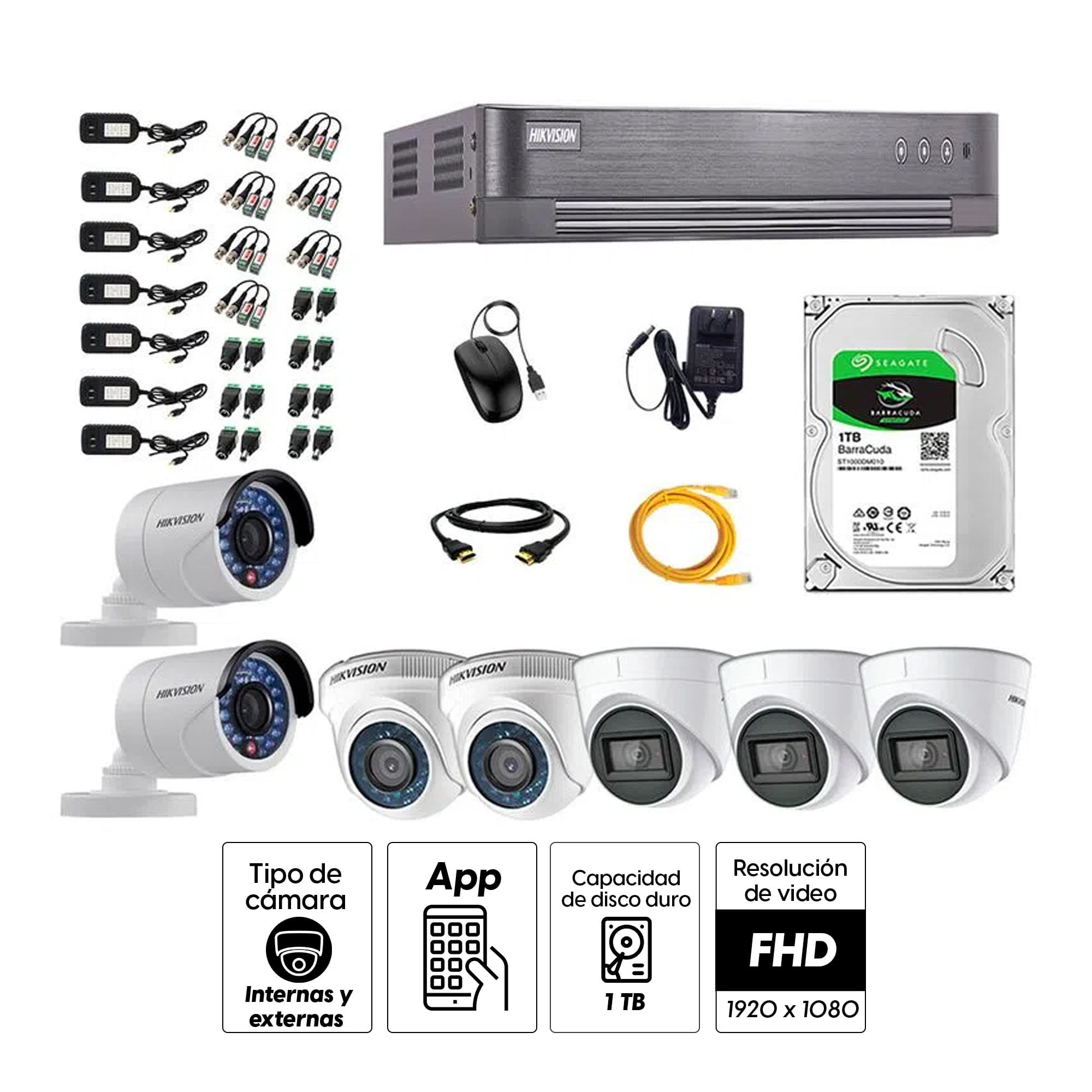 Imagen 2 del producto Kit de cámaras de seguridad Hikvision 7 cámaras (incluye 3 cámaras con audio incorporado), 1080P Full HD + DVR + disco duro de 1TB