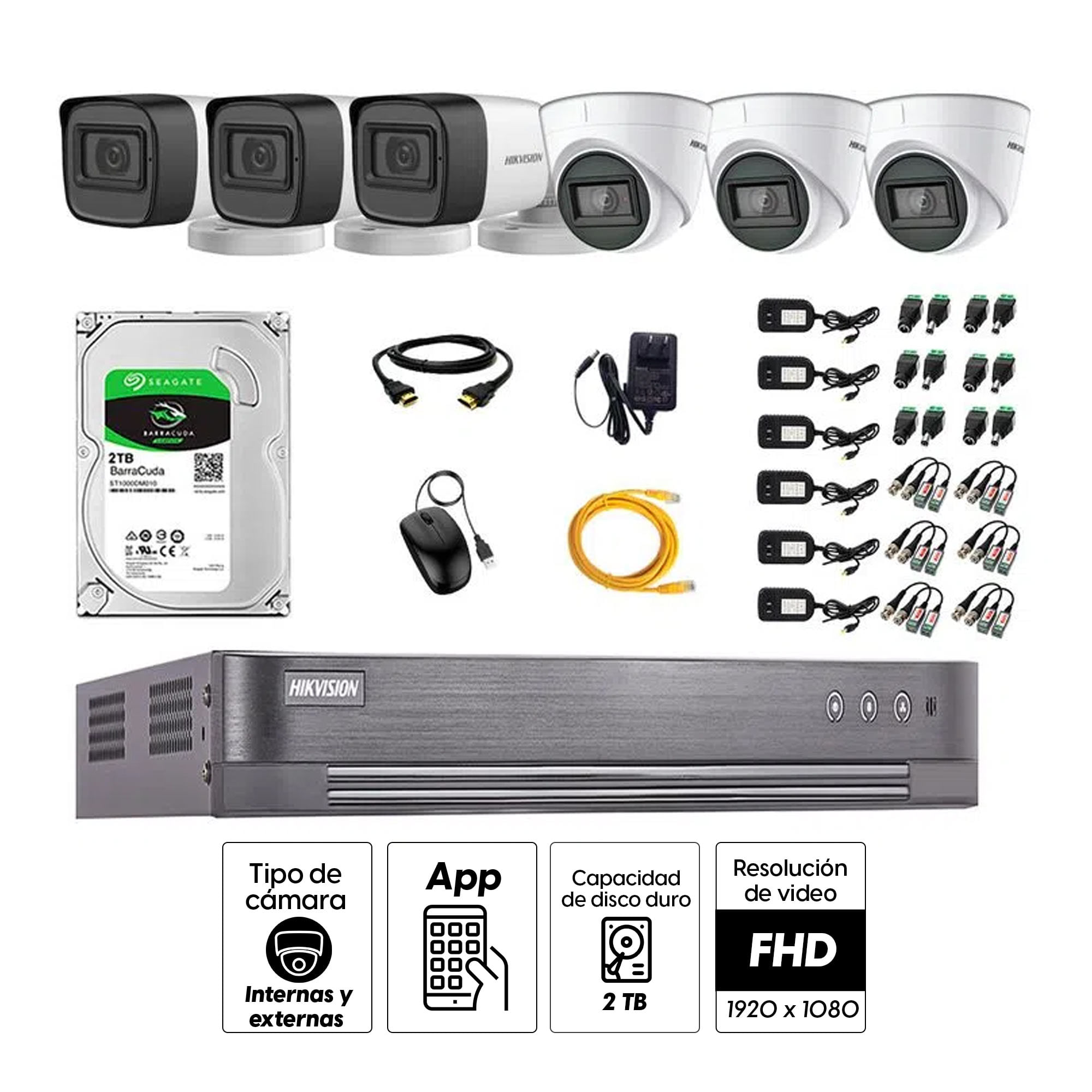 Imagen 2 del producto Kit de cámaras de seguridad Hikvision 6 cámaras con audio incorporado, 1080P Full HD + DVR + disco duro de 2TB