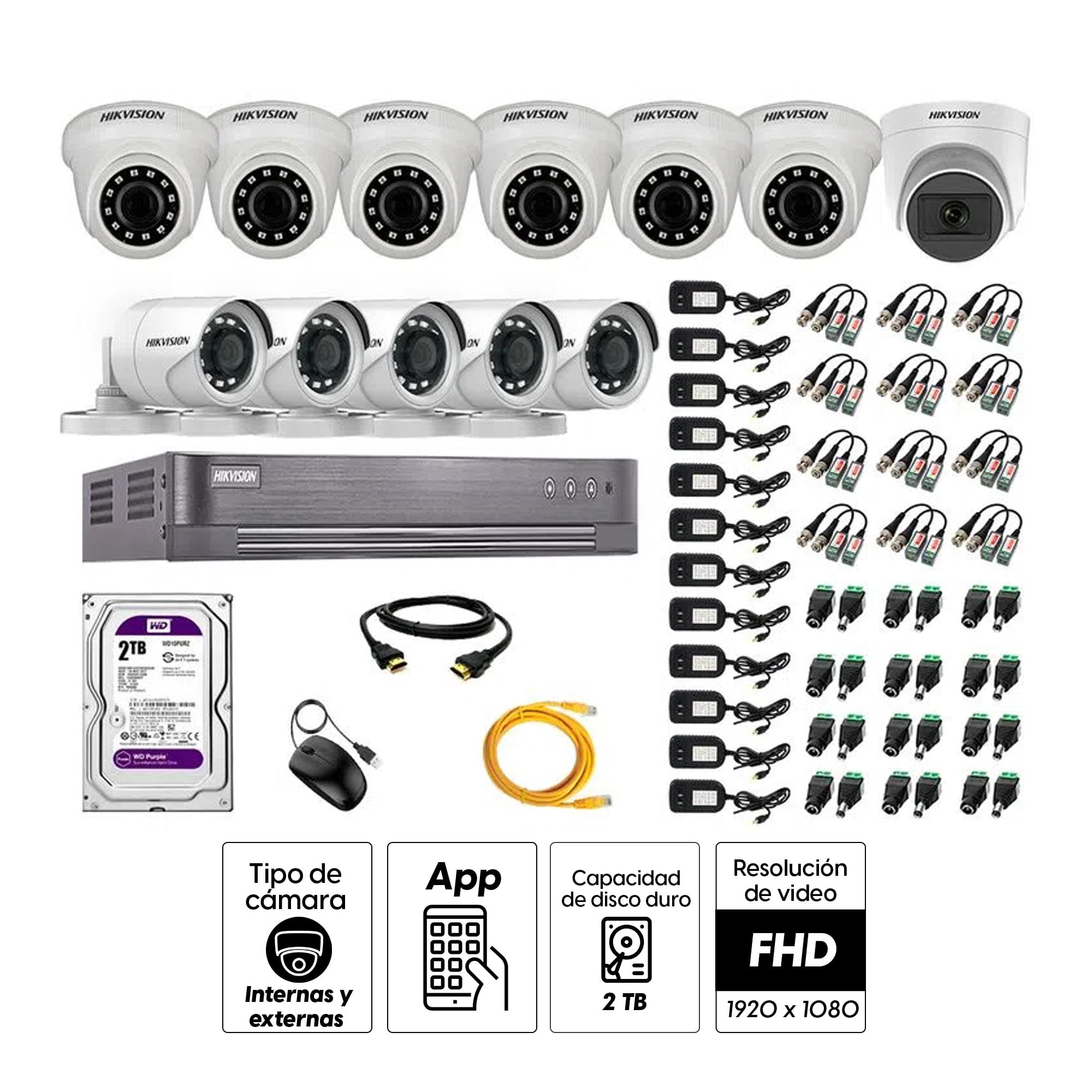 Imagen 2 del producto Kit de cámaras de seguridad Hikvision 12 cámaras (incluye una cámara con micrófono), 1080P Full HD + DVR + disco duro de 2TB