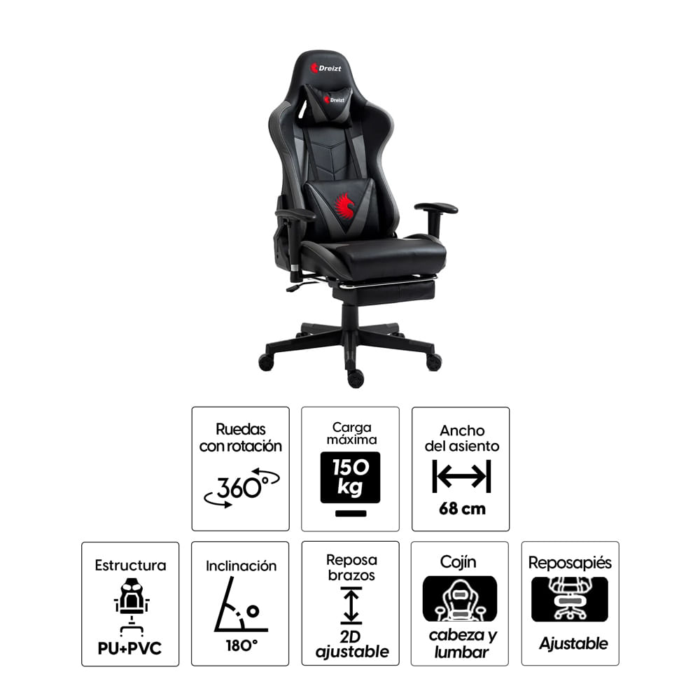 Imagen 2 del producto Silla gamer Dreizt Apolo Series Pro alta calidad, máx. 150 kg, inclinación 180°, plomo