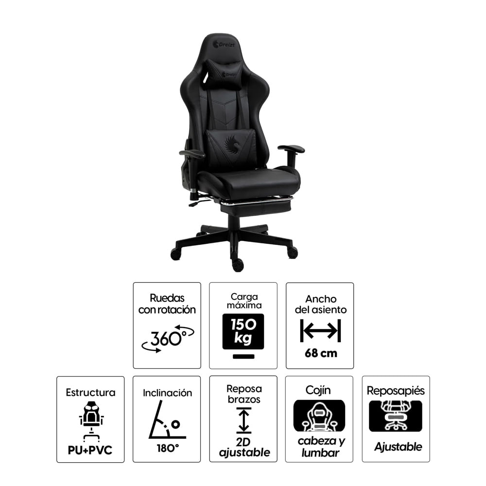 Imagen 2 del producto Silla gamer Dreizt Apolo Series Pro, alta calidad, inclinación 180°, hasta 150 kg, negro