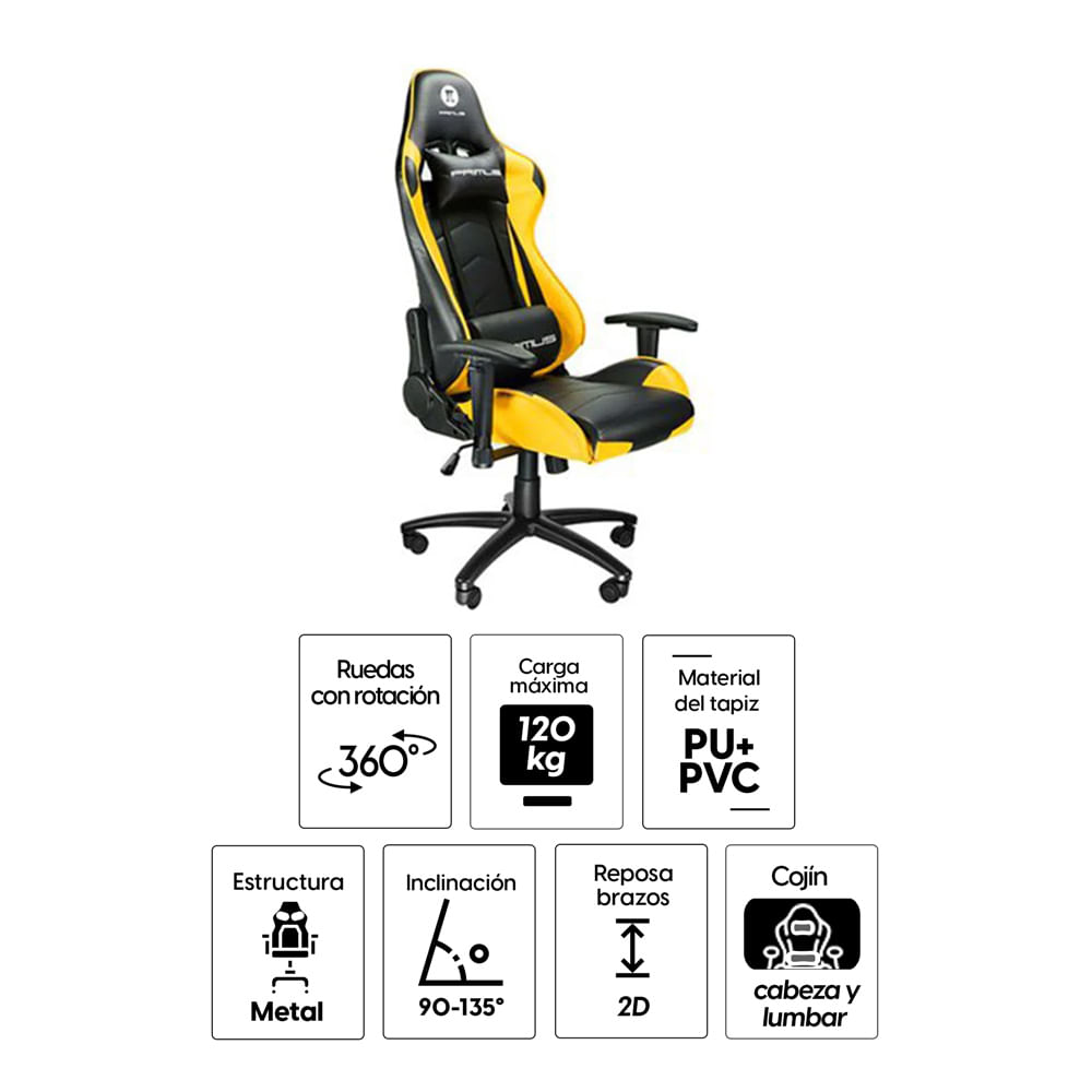 Imagen 2 del producto Silla gamer Primus Thronos máx 120 kg, inclinación 135°, negro y amarillo
