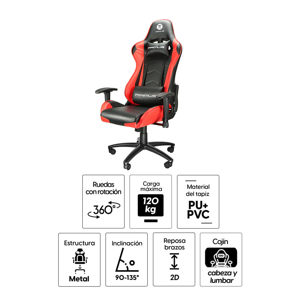 Imagen 2 del producto Silla gamer Primus Thronos máx 120 kg, inclinación 135°, negro y rojo