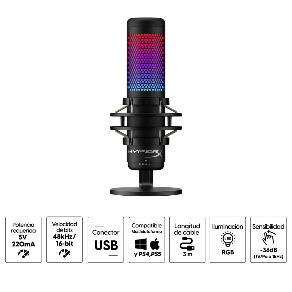 Imagen 2 del producto Micrófono Hyperx QuadCast S Standalone, conexión usb, multipatrón, multiplataforma, color negro