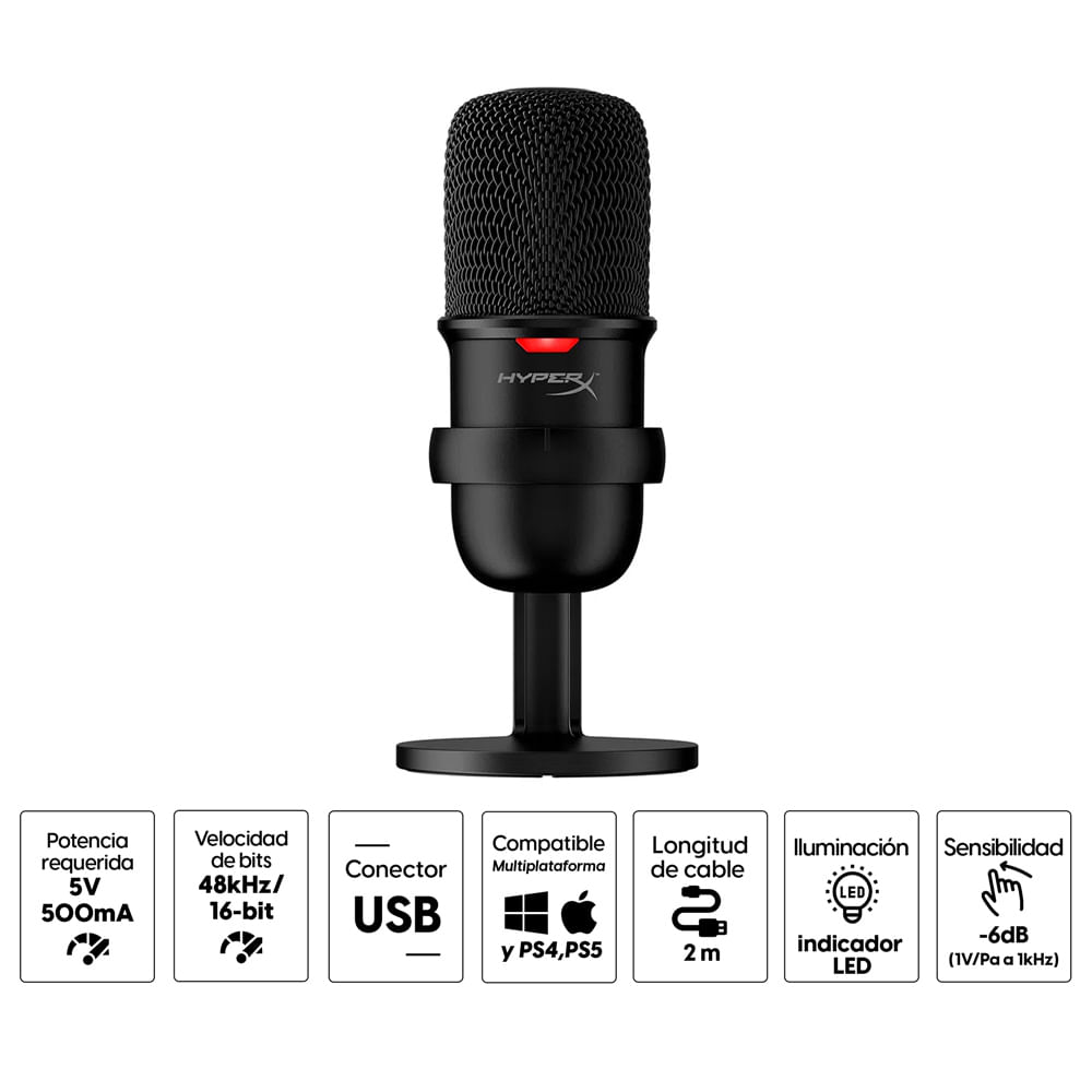 Imagen 2 del producto Micrófono Hyperx SoloCast, conexión usb, multipatrón, luz led, color negro