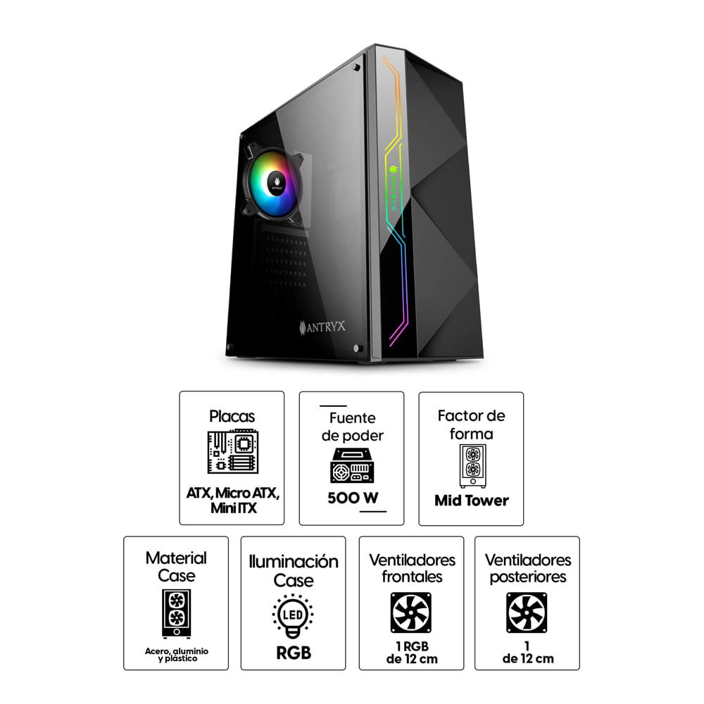 Imagen 2 del producto Gabinete Antryx Xtreme Neo 1 ARGB, vidrio templado lateral y tira led, con fuente 500W, Usb 3.0