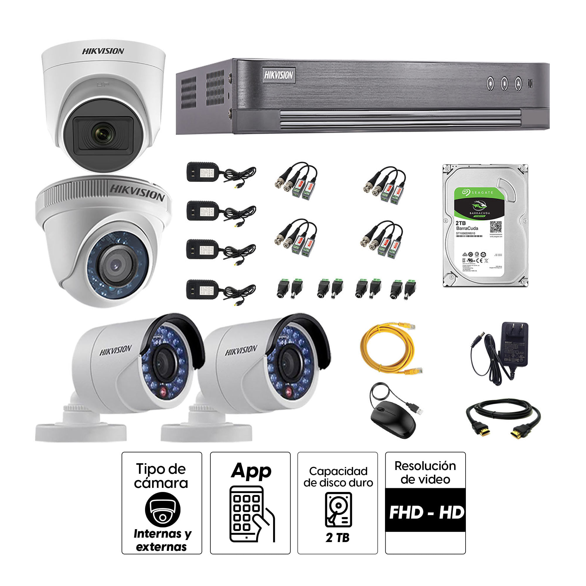 Imagen 2 del producto Kit de seguridad Hikvision 1 cámara Domo (micrófono incorporado) 1080P + 1 cámara Domo Turbo 720P + 2 cámaras Tubo Turbo 720P + dvr + disco 2TB
