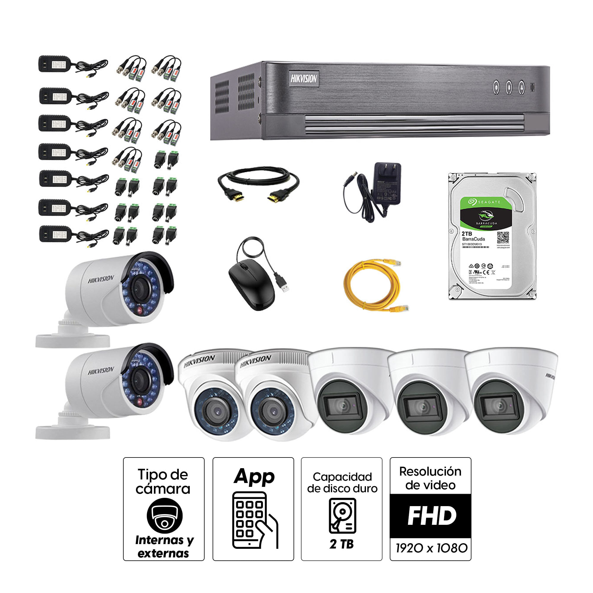 Imagen 2 del producto Kit de seguridad Hikvision 3 cámaras Domo (audio incorporado) 1080P + 2 cámaras Domo 1080P + 2 cámaras Tubo 1080P + dvr + disco 2TB