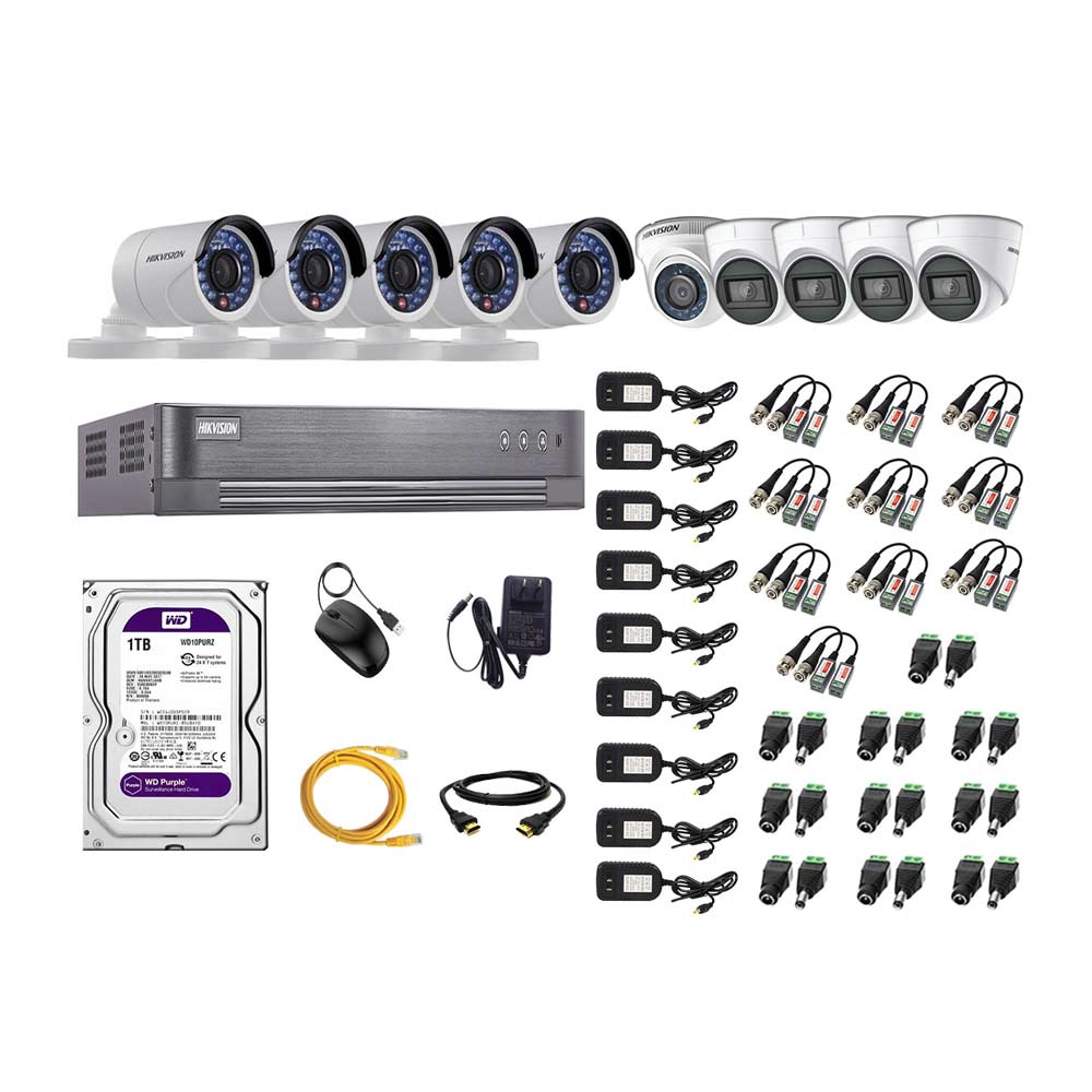 Kit de seguridad Hikvision 4 cámaras Domo (audio incorporado) 1080P + 1 cámara Domo 1080P + 5 cámaras Tubo 1080P + dvr + disco 1TB