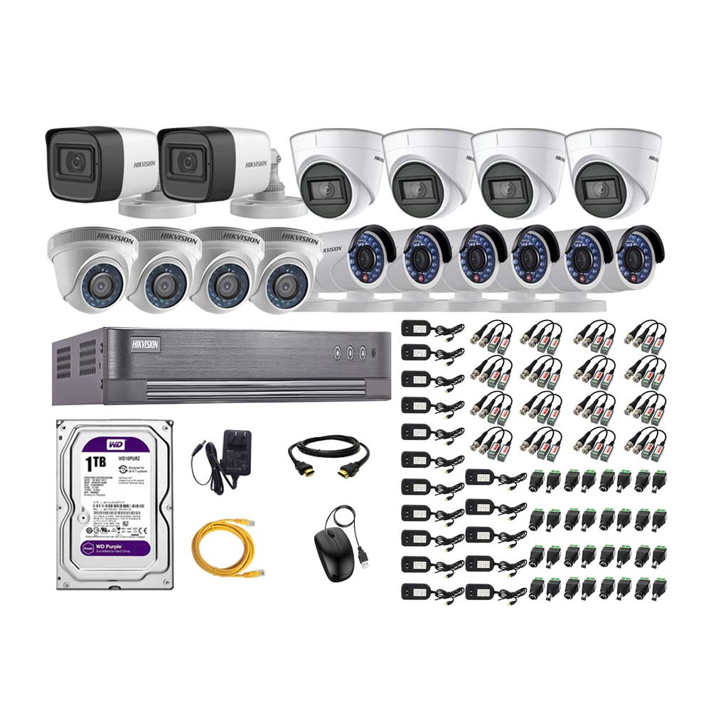 Kit de seguridad Hikvision 4 cámaras Domo (audio incorporado) + 2 cámaras Tubo (audio incorporado) + 4 cámaras Domo + 6 cámaras Tubo + dvr + disco 1TB