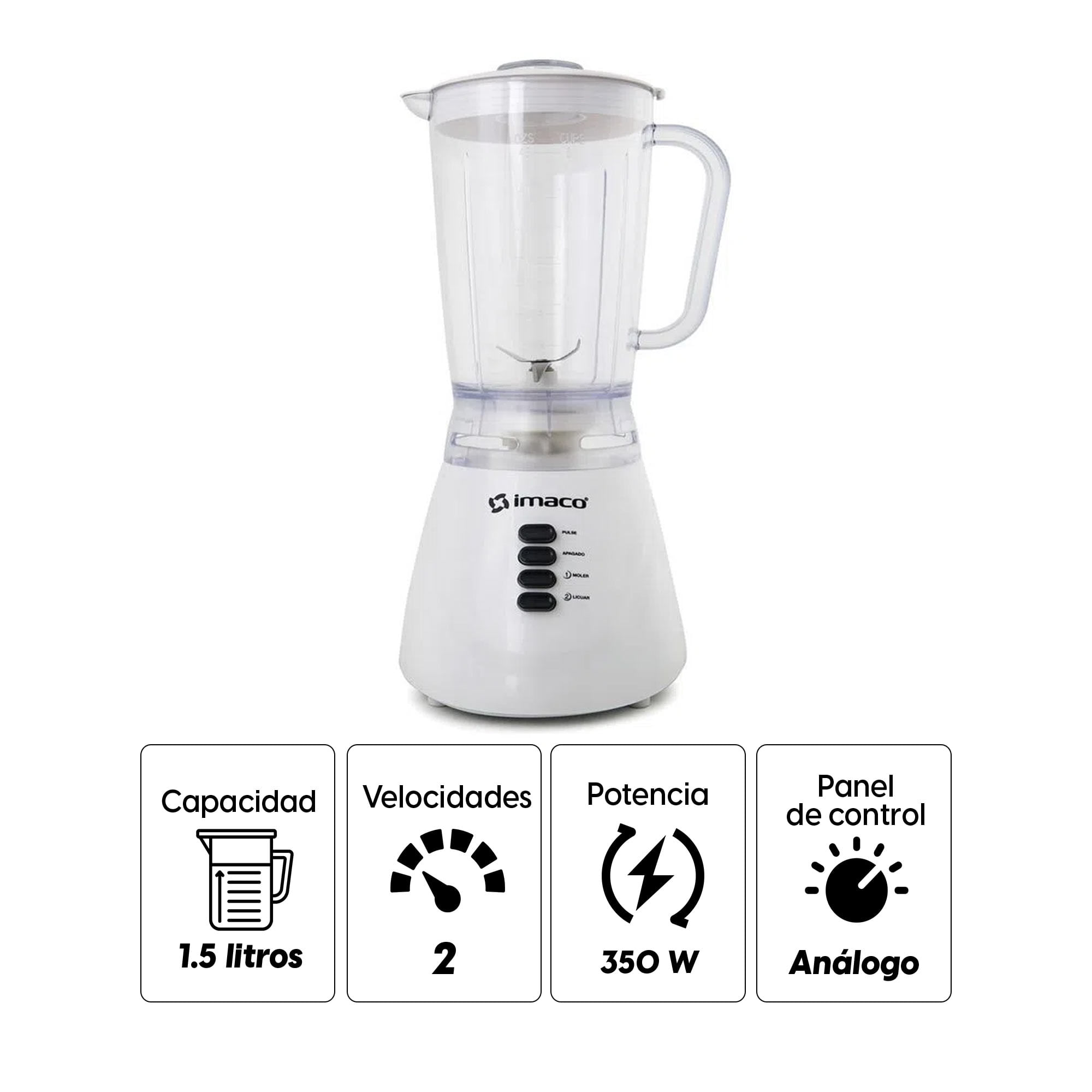 Imagen 2 del producto Licuadora Imaco BL4125 350w, 2 velocidades + pulsador, vaso de vidrio 1.25 litros, color blanco