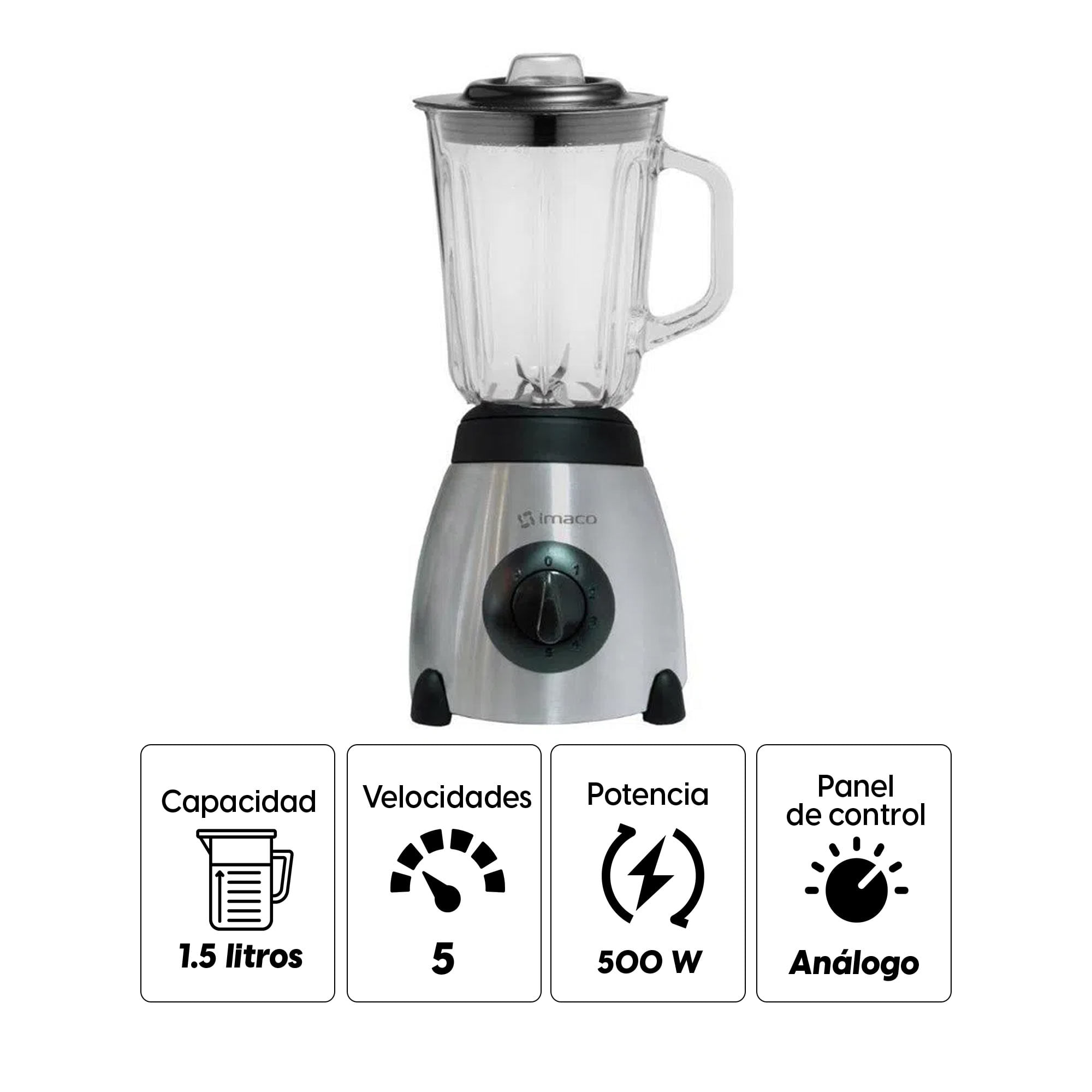 Imagen 2 del producto Licuadora Imaco BLS508, 500w, 5 velocidades, con vaso de vidrio de 1.5 litros