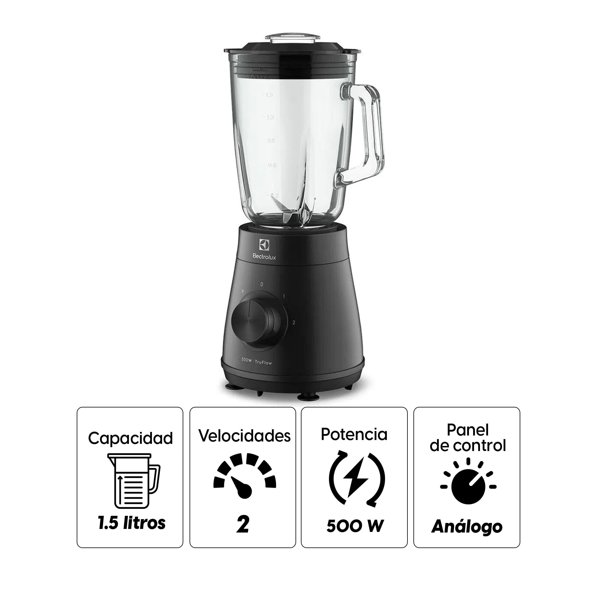 Imagen 2 del producto Licuadora Electrolux con tecnologia TruFlow-EBS20 500W, 2 velocidades, con vaso de vidrio 1.5 litros, negro