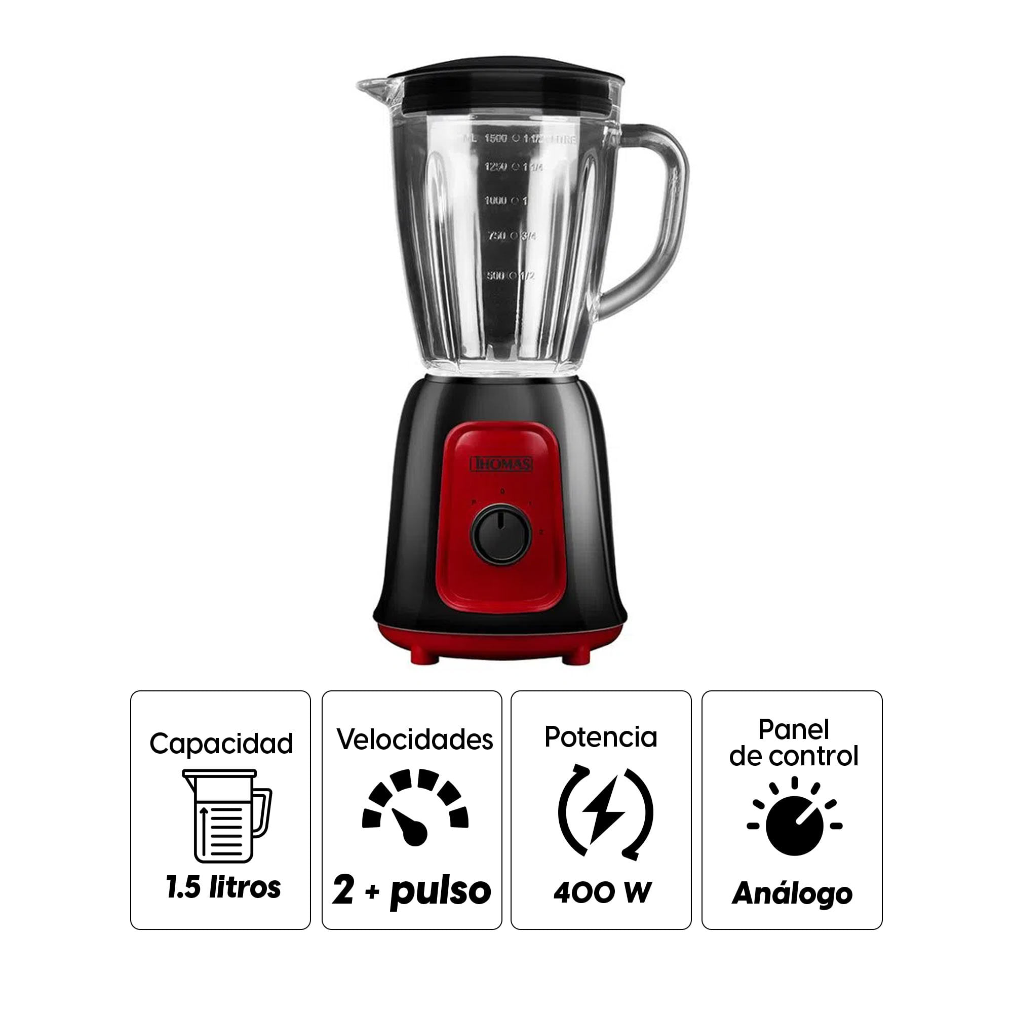 Imagen 2 del producto Licuadora Thomas TH-320 V 400w, 2 velocidades + pulso, con vaso de vidrio de 1.5 litros, rojo
