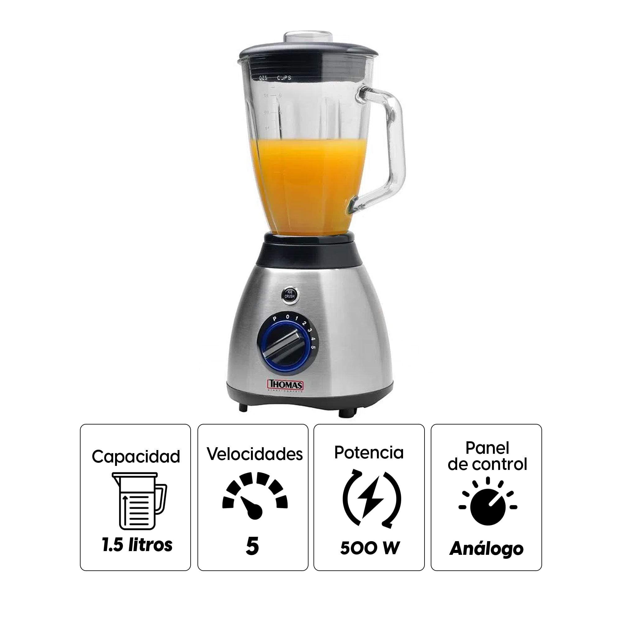 Imagen 2 del producto Licuadora Thomas TH-551 V2 500w, 5 velocidades + pulsador, jarra de vidrio 1.5 litros, plateada