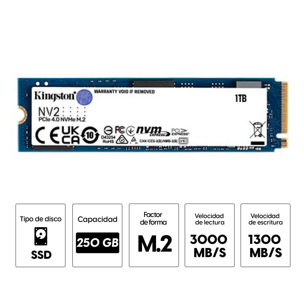 Imagen 2 del producto Unidad de estado sólido SSD Kingston NV2 250GB de capacidad, M.2, NVMe, PCIe 4.0