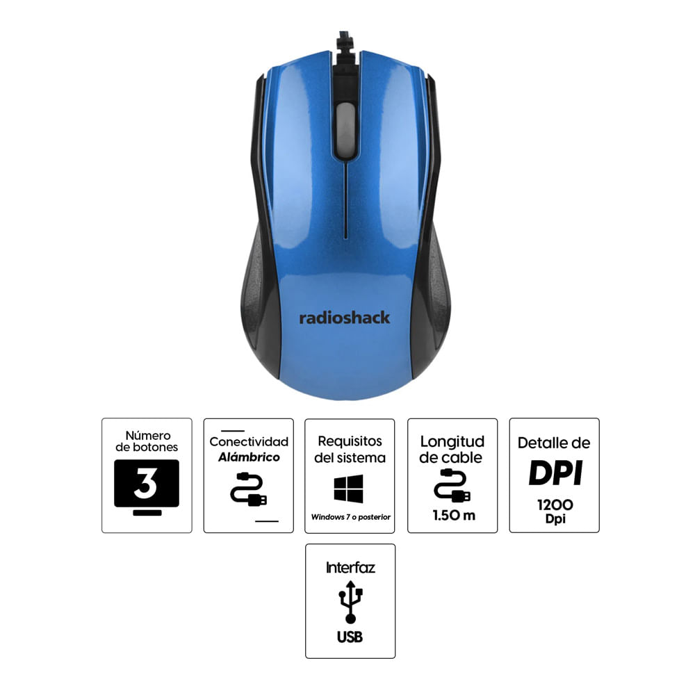 Imagen 2 del producto Mouse alámbrico Radioshack óptico, receptor usb, 1200 dpi, 3 botones, azul