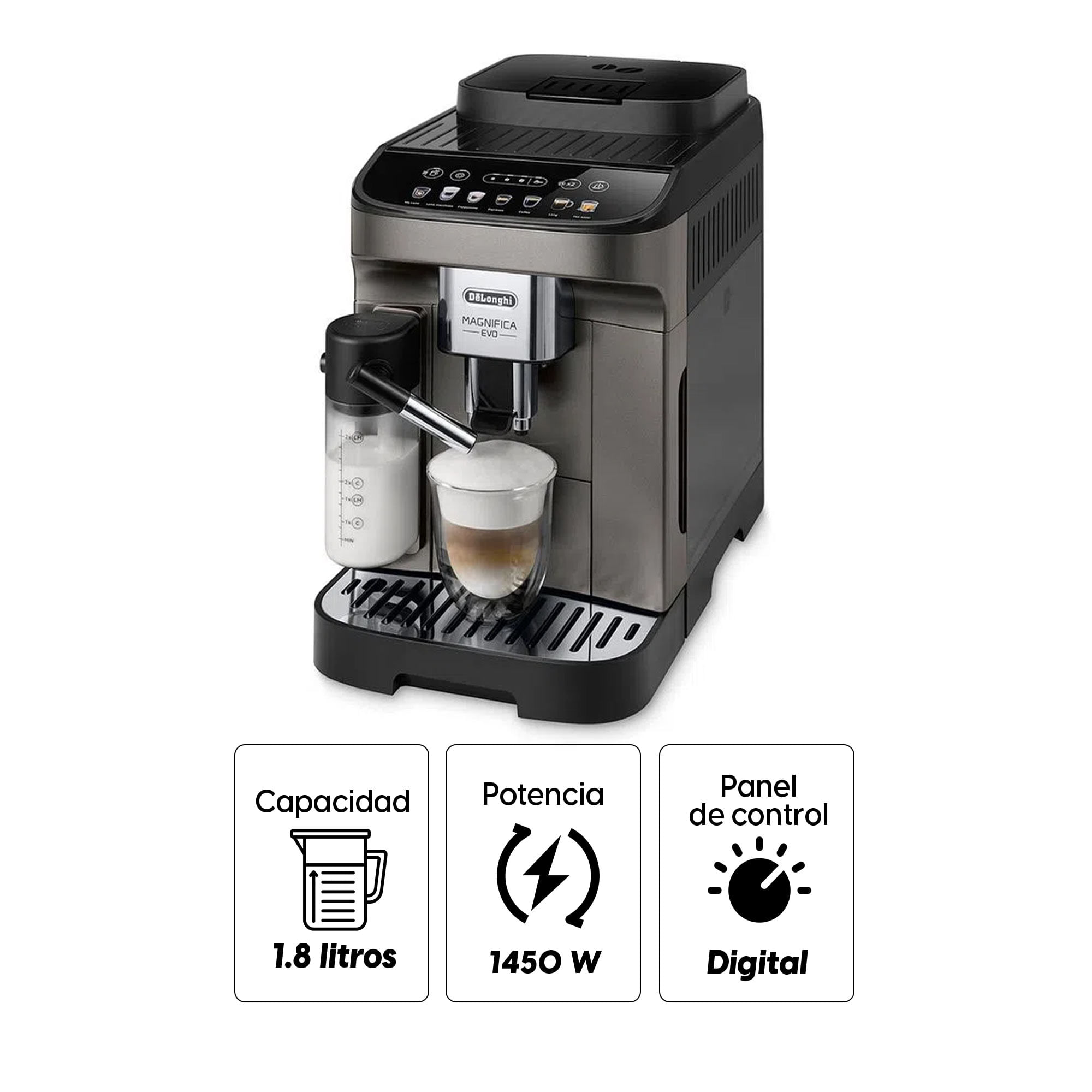 Imagen 2 del producto Cafetera superautomática De'Longhi Magnífica Evo Latte 1450w, capacidad 2 tazas, 15 bares, plateado