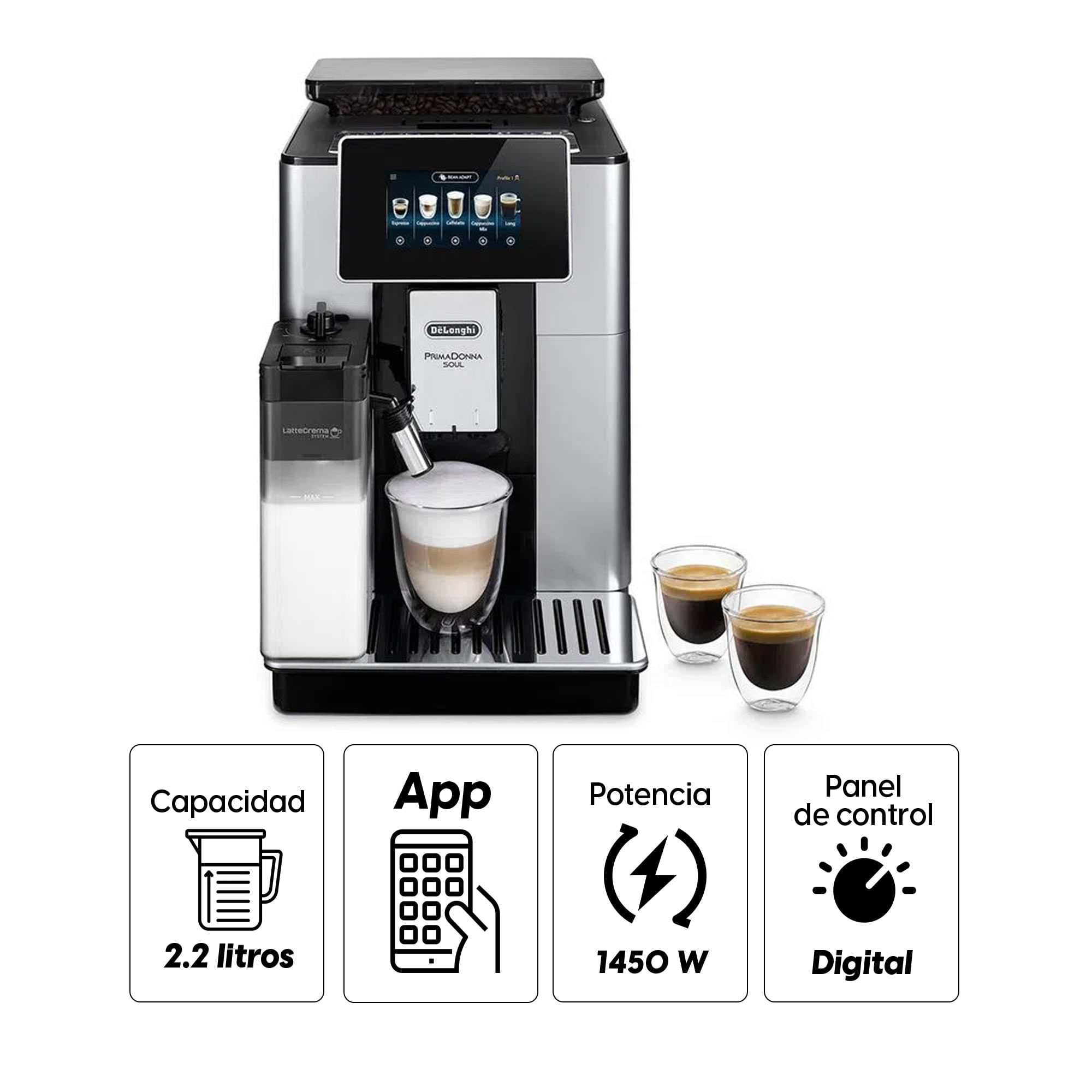 Imagen 2 del producto Cafetera superautomática De'Longhi Primadonna Soul 1450w, capacidad 2.2 litros, 19 bares, plateado