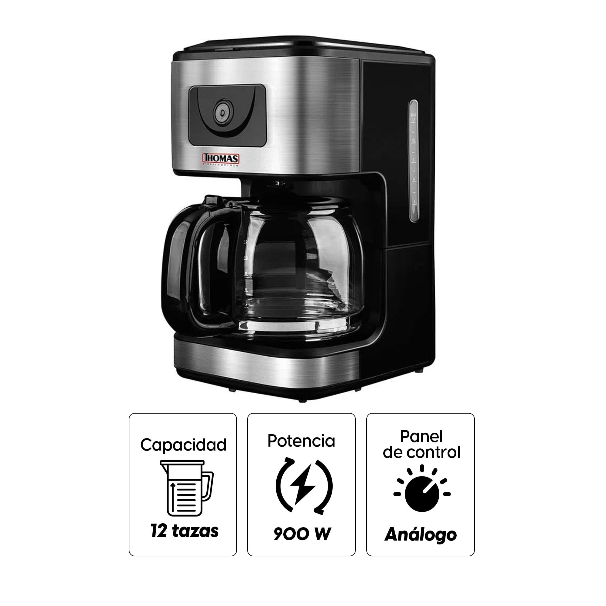 Imagen 2 del producto Cafetera Thomas TH-138I 900w, capacidad 12 tazas, jarra de vidrio, negro