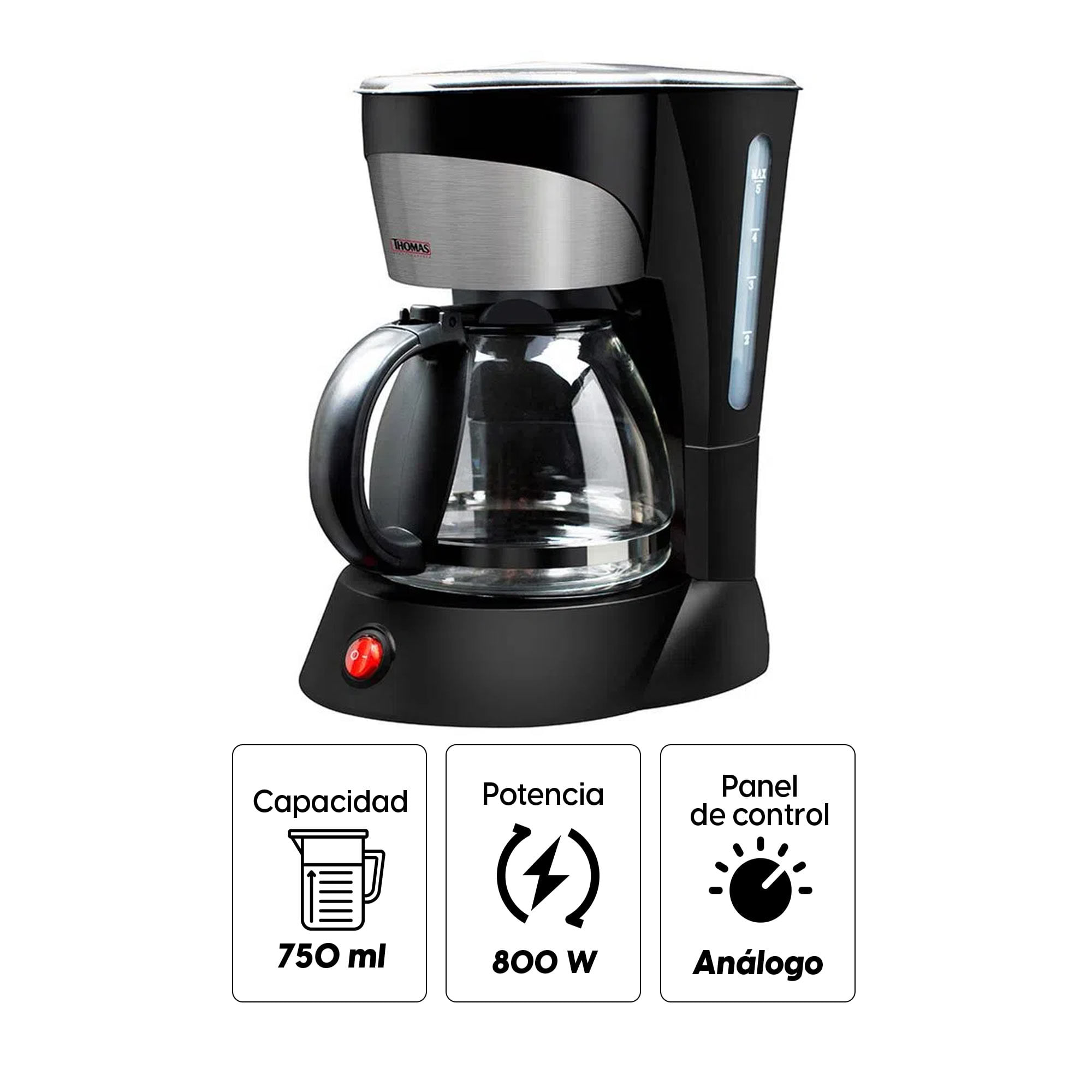 Imagen 2 del producto Cafetera Thomas TH-130 800w, capacidad 750 ml, jarra de vidrio, negro