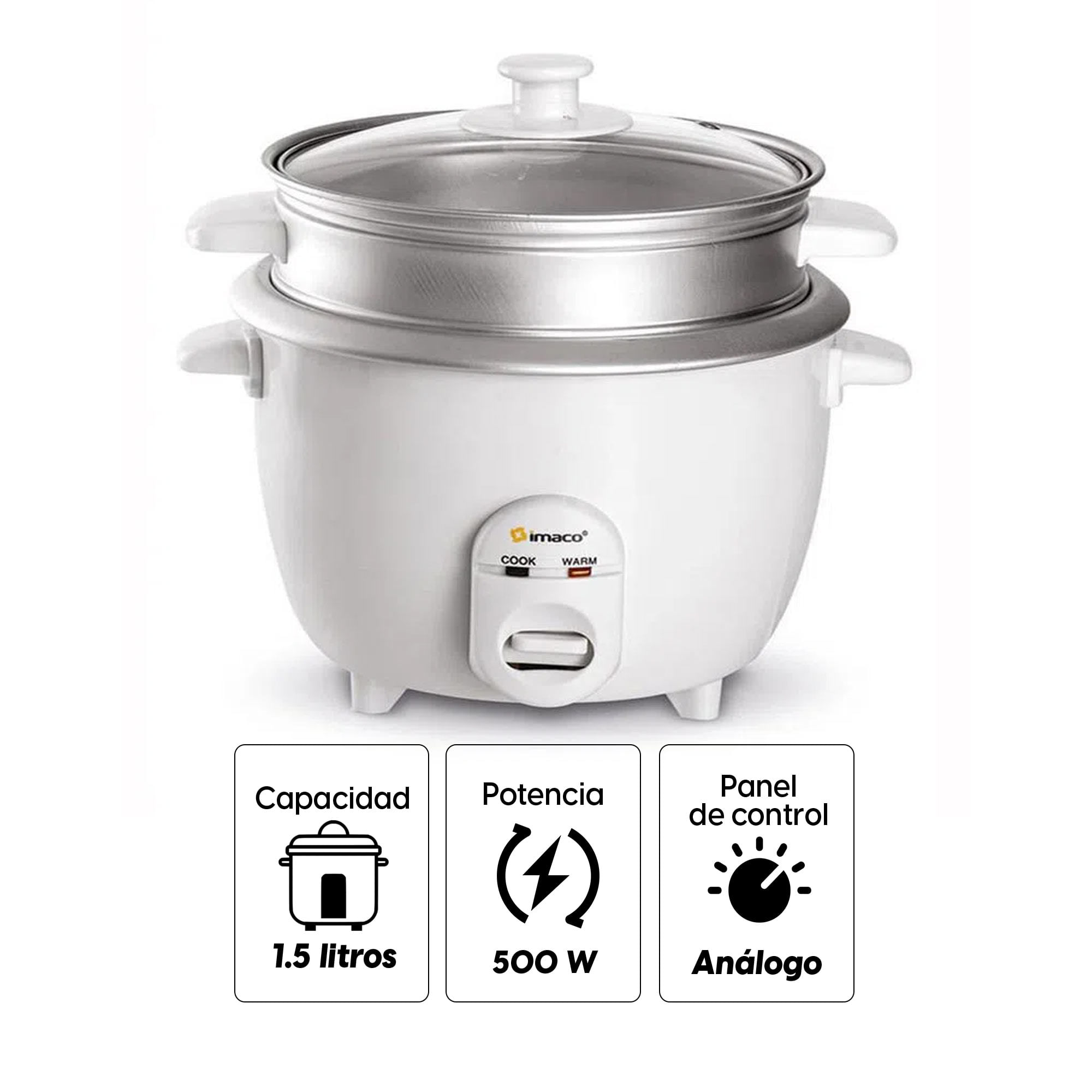 Imagen 2 del producto Olla arrocera Imaco RC15, 500w, 1.5 litros, tapa de vidrio, blanco