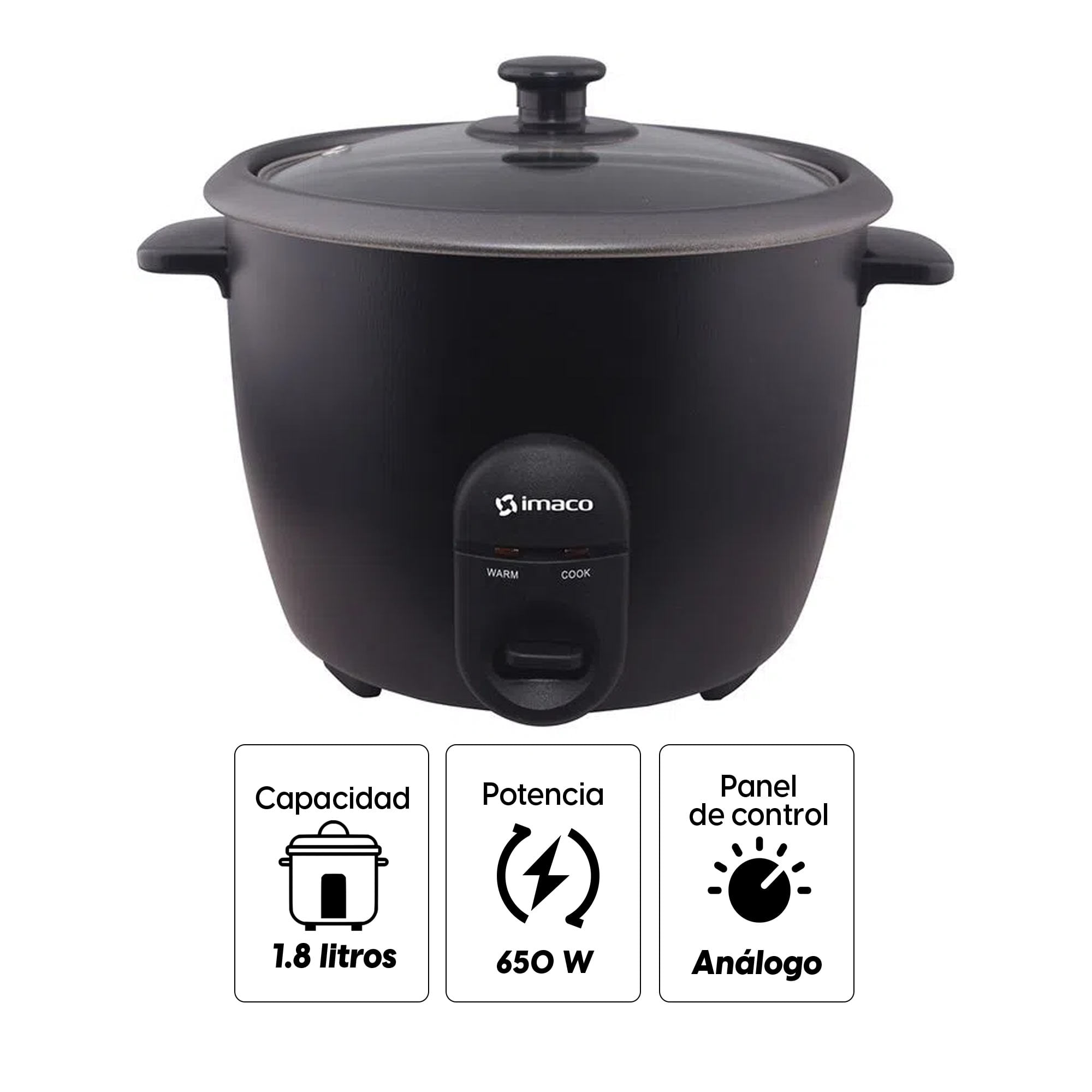 Imagen 2 del producto Olla arrocera Imaco RC18N 650w, 1.8 litros, tapa de vidrio, negro