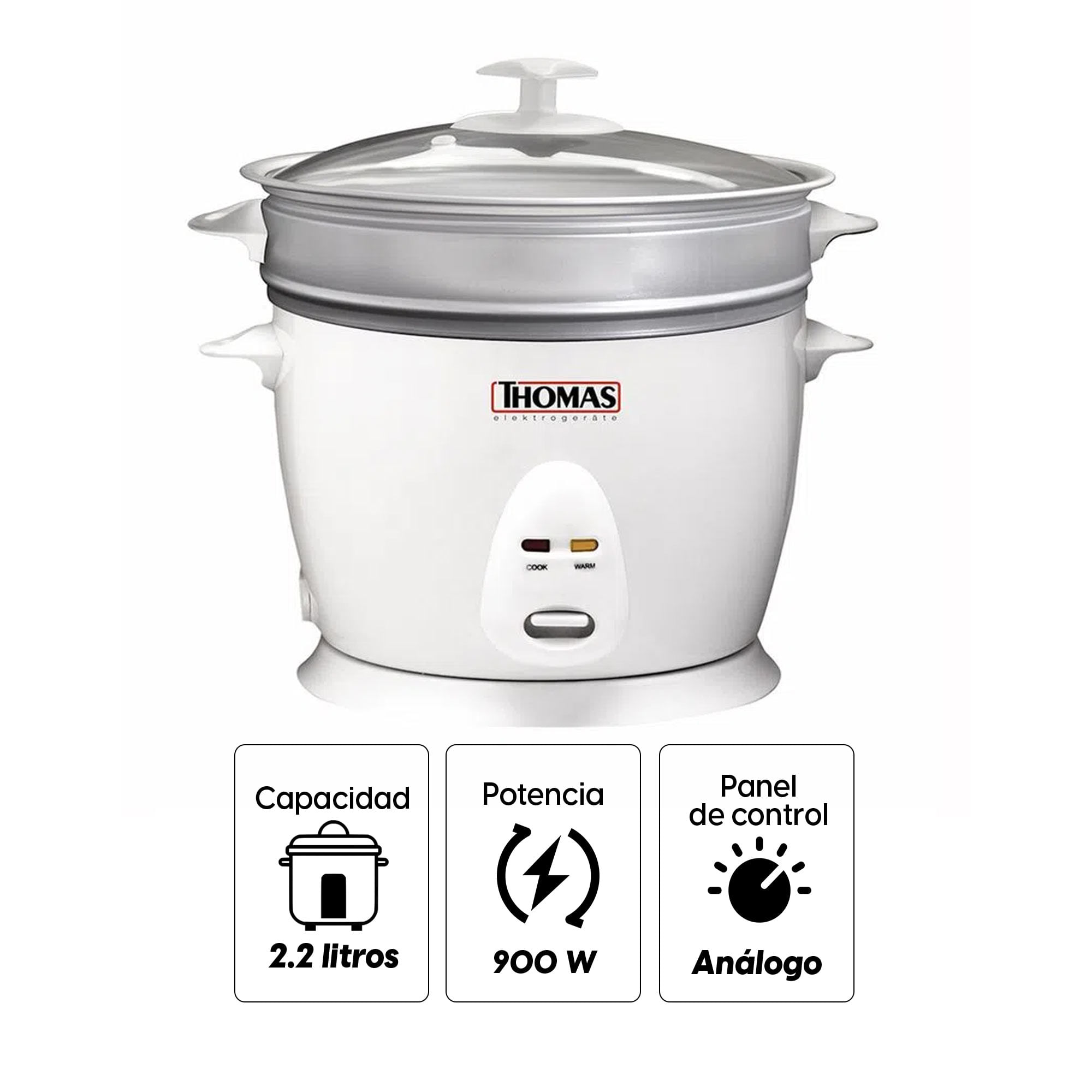 Imagen 2 del producto Olla arrocera Thomas TH-36P 900 w, 2.2 litros, interior antiadherente, blanca