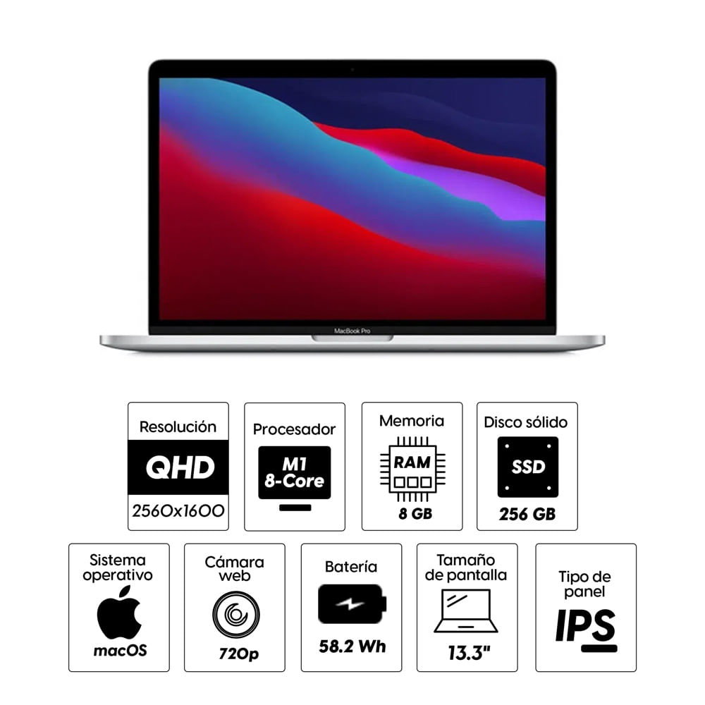 Imagen 2 del producto Laptop Apple MacBook Pro 13.3"" Chip M1 8-core, 256GB SSD, 8GB RAM, macOS, plateado