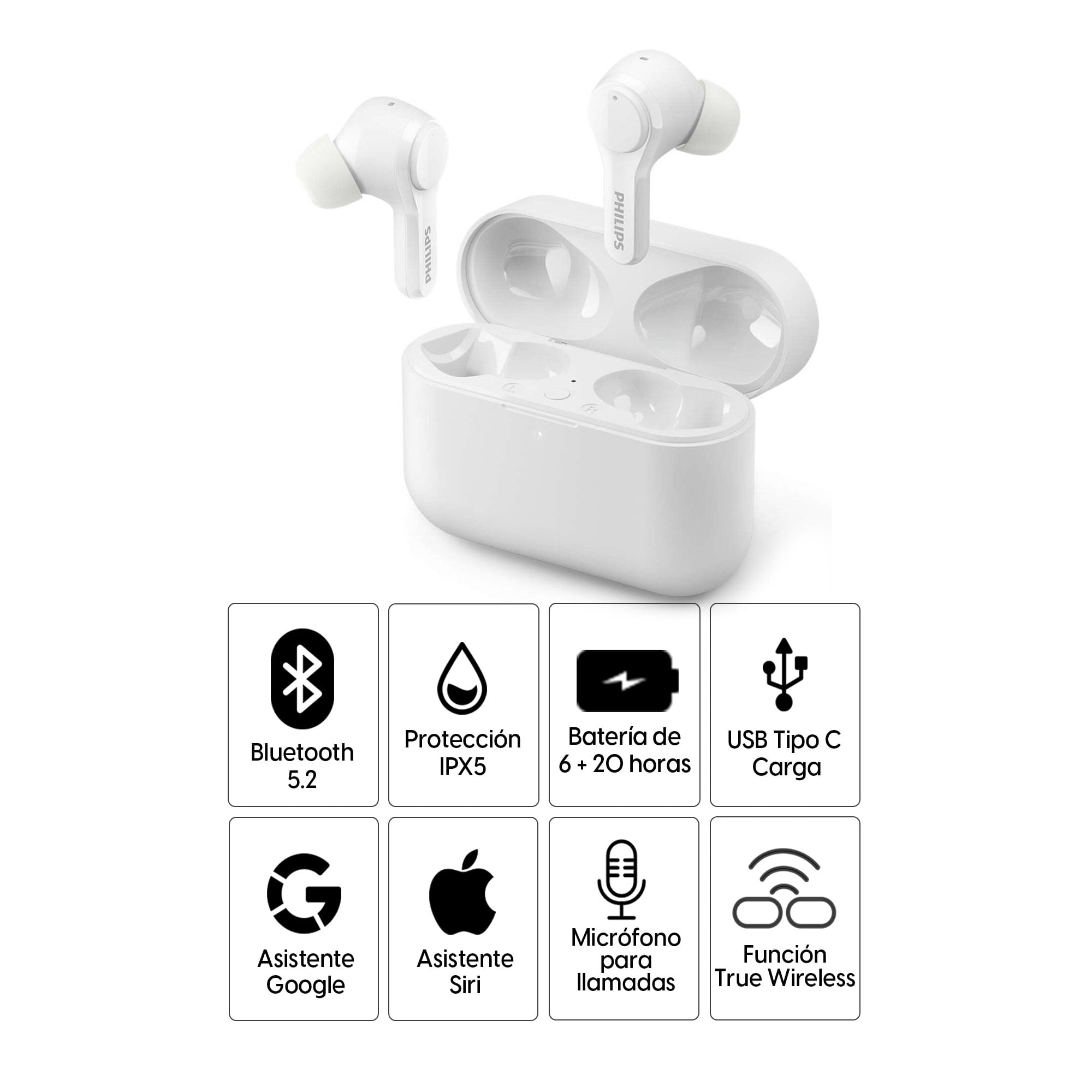 Imagen 2 del producto Audífonos bluetooth True Wireless Philips TAT3217 resistente al agua IPX5, duración máx. 6 horas, control de música y llamadas, blanco