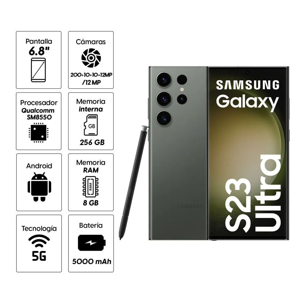 Imagen 2 del producto Celular Samsung Galaxy S23 Ultra 5G 256GB, 8GB RAM, cámara trasera 200MP y frontal 12MP, 6.8"", Snapdragon, verde