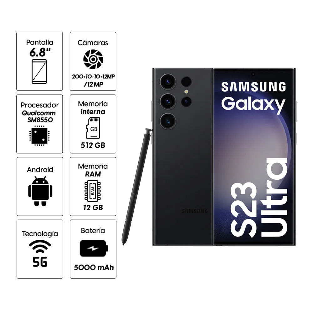 Imagen 2 del producto Celular Samsung Galaxy S23 Ultra 5G 512GB, 12GB RAM, cámara trasera 200MP y frontal 12MP, 6.8"", Snapdragon, negro