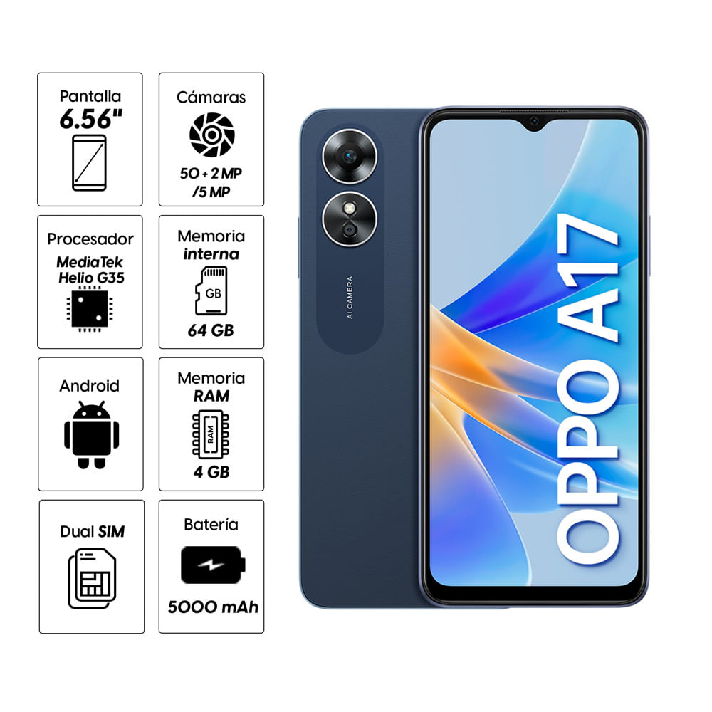 Imagen 2 del producto Celular Oppo A17 64GB, 4GB RAM, cámara principal 50 + 2MP, frontal 5MP, 6.56"", azul