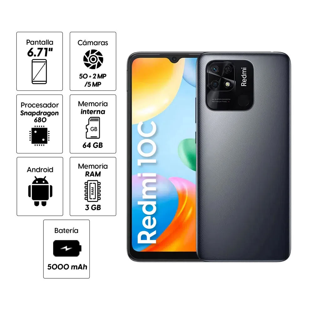 Imagen 2 del producto Celular Xiaomi Redmi 10C 64GB, 3GB RAM, cámara trasera 50MP y frontal 5MP, 6.71"", gris