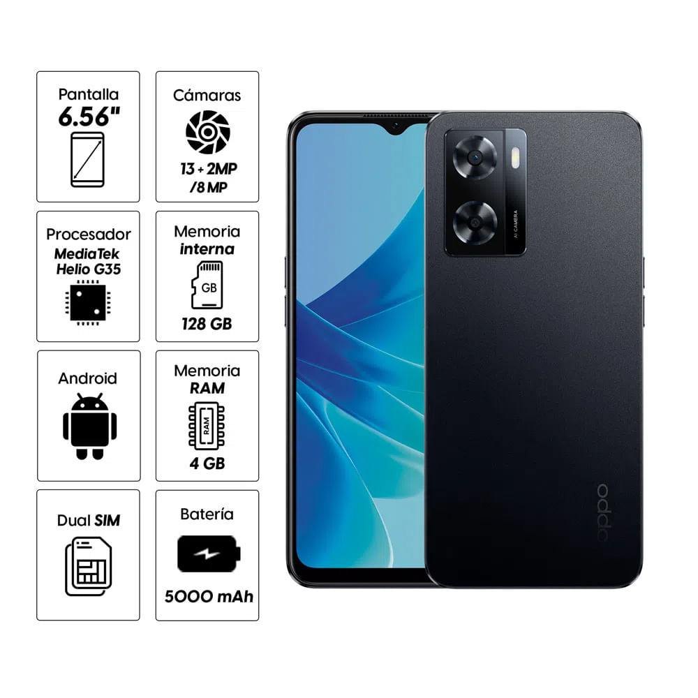 Imagen 2 del producto Celular Oppo A57 128GB, 4GB RAM, cámara principal 13 + 2MP, frontal 8MP, 6.56"", negro