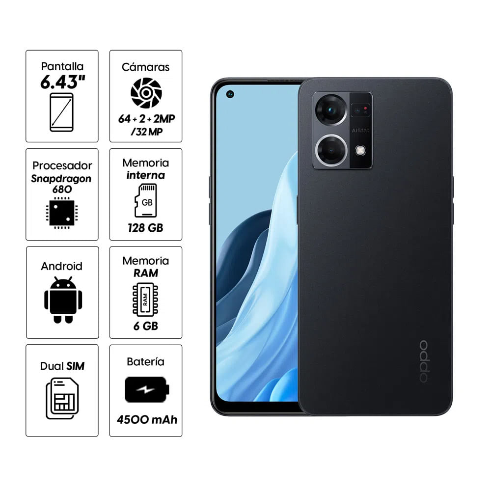 Imagen 2 del producto Celular Oppo Reno 7 128GB, 6GB RAM, cámara principal 64 + 2 + 2MP, frontal 32MP, 6.43"", negro