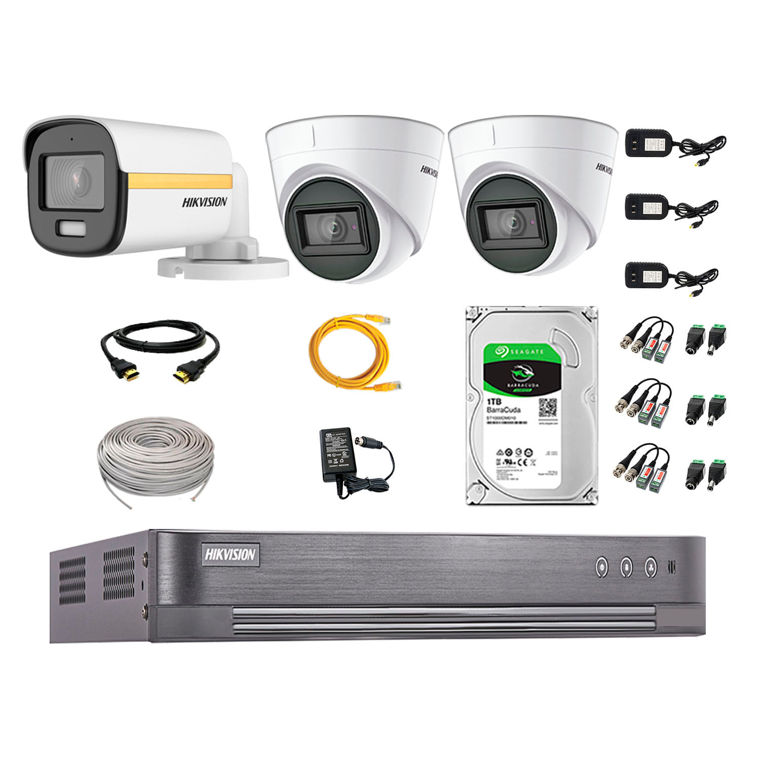 Cámaras de seguridad kit 3 Hikvision, 3 cámaras + disco 1tb, full HD, fijo, visión nocturna a color