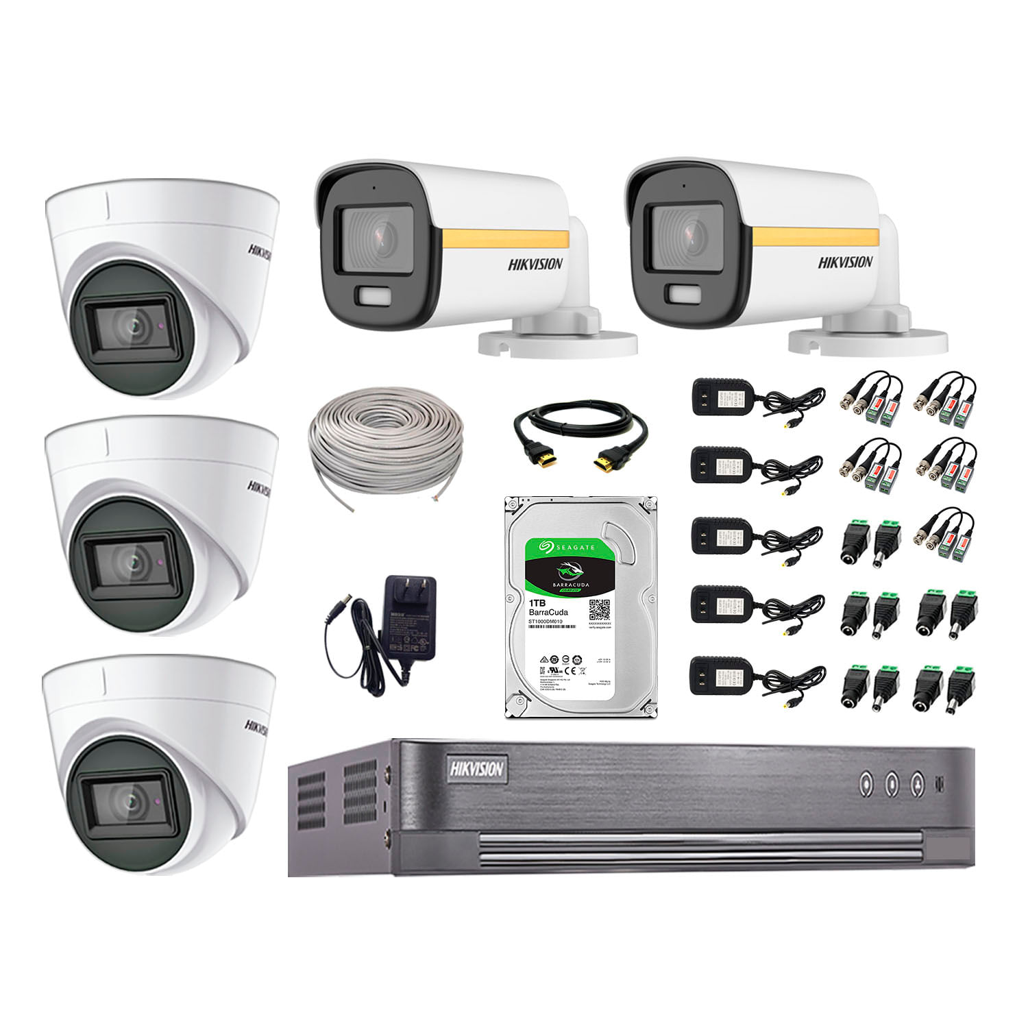 Cámaras de seguridad kit 5 Hikvision, 5 cámaras + disco 1tb, full HD, audio, fijo, visión nocturna a color