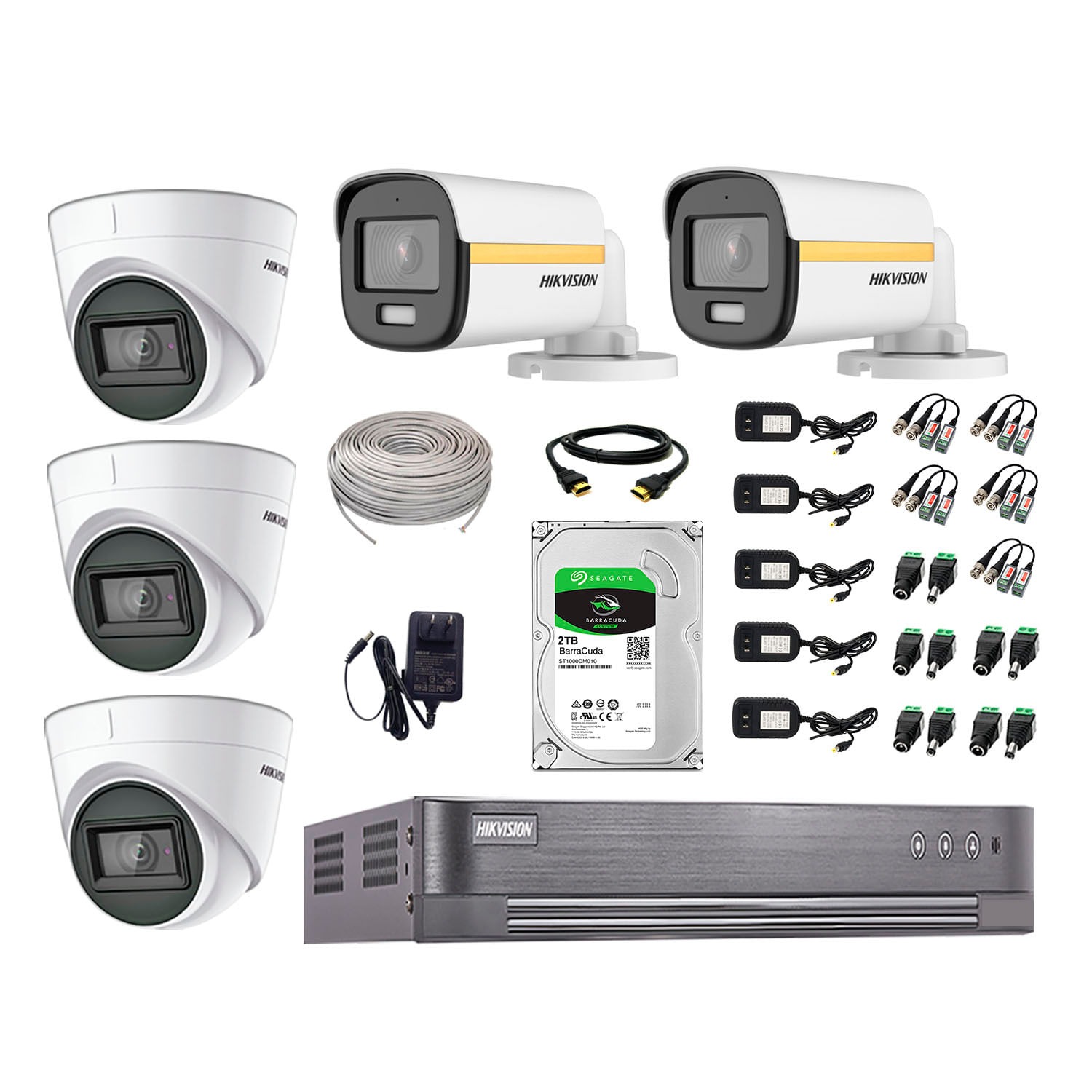 Cámaras de seguridad kit 5 Hikvision, 5 cámaras + disco 2tb, full HD, audio, fijo, visión nocturna a color