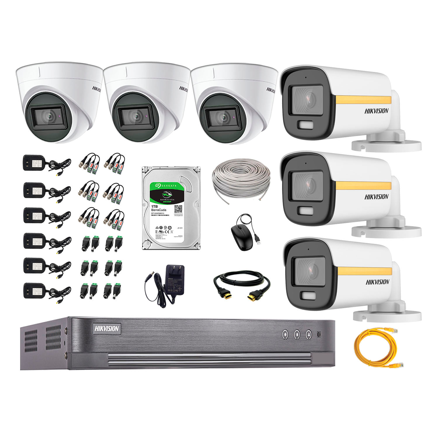 Cámaras de seguridad kit 6 Hikvision, 6 cámaras + disco 1tb, full HD, audio, fijo, visión nocturna a color