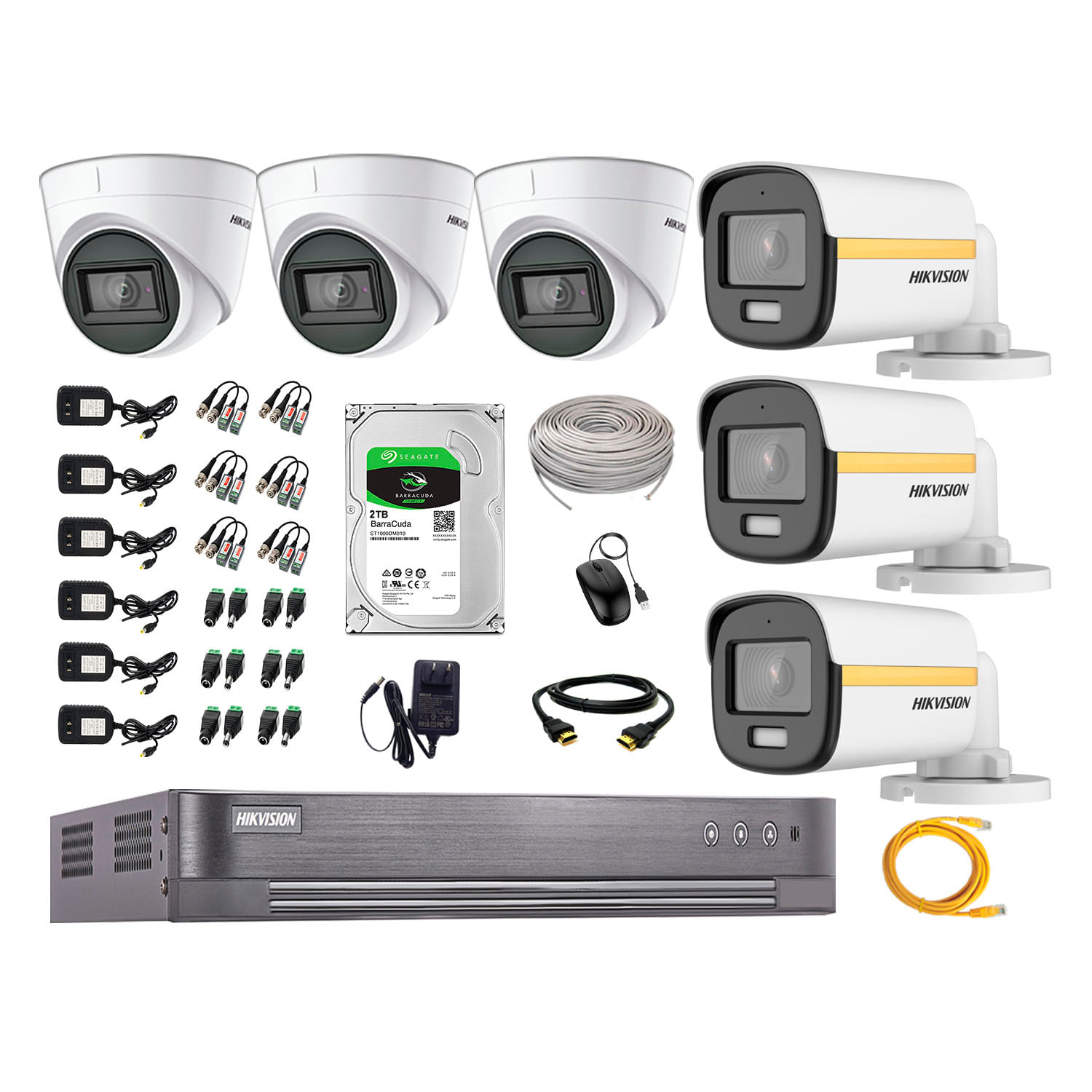 Cámaras de seguridad kit 6 Hikvision, 6 cámaras + disco 2tb, full HD, fijo, audio, visión nocturna a color