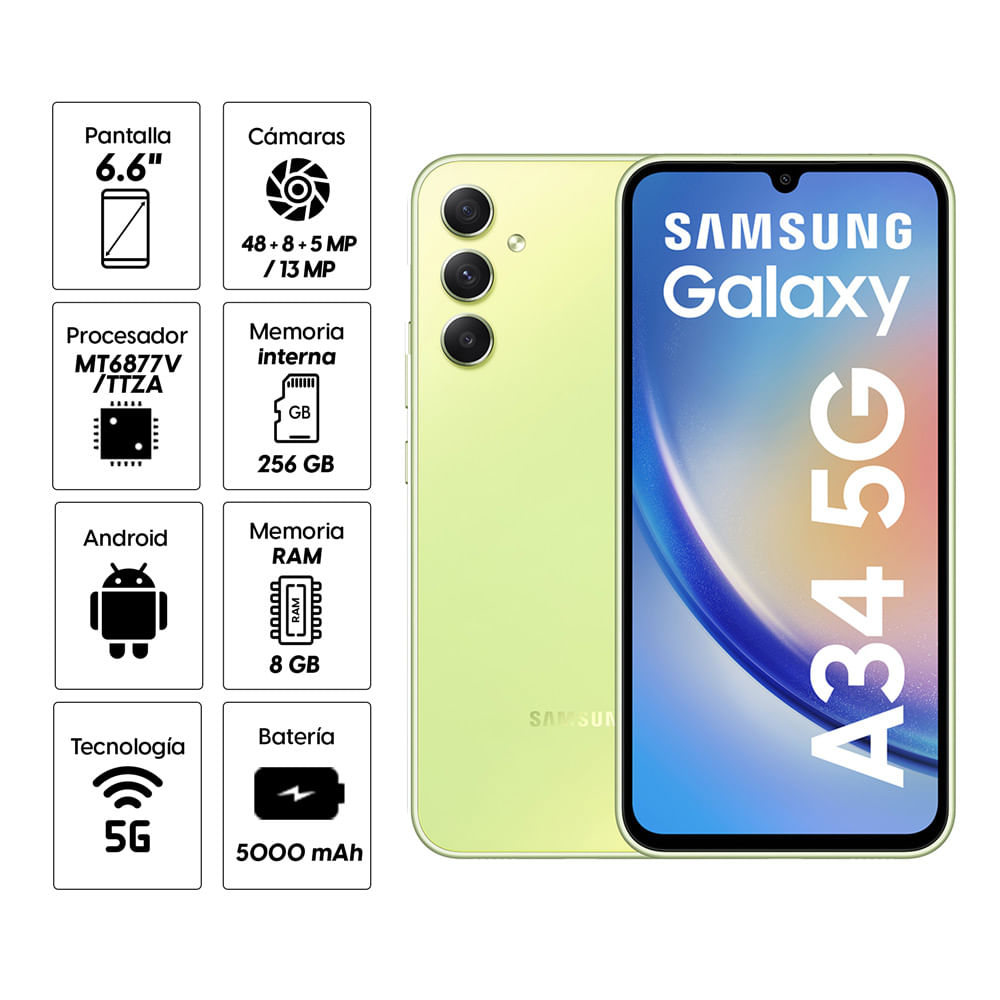 Imagen 2 del producto Celular Samsung Galaxy A34 5G 256GB, 8GB RAM, cámara trasera 48 MP y cámara frontal 13MP, 6.6"", verde